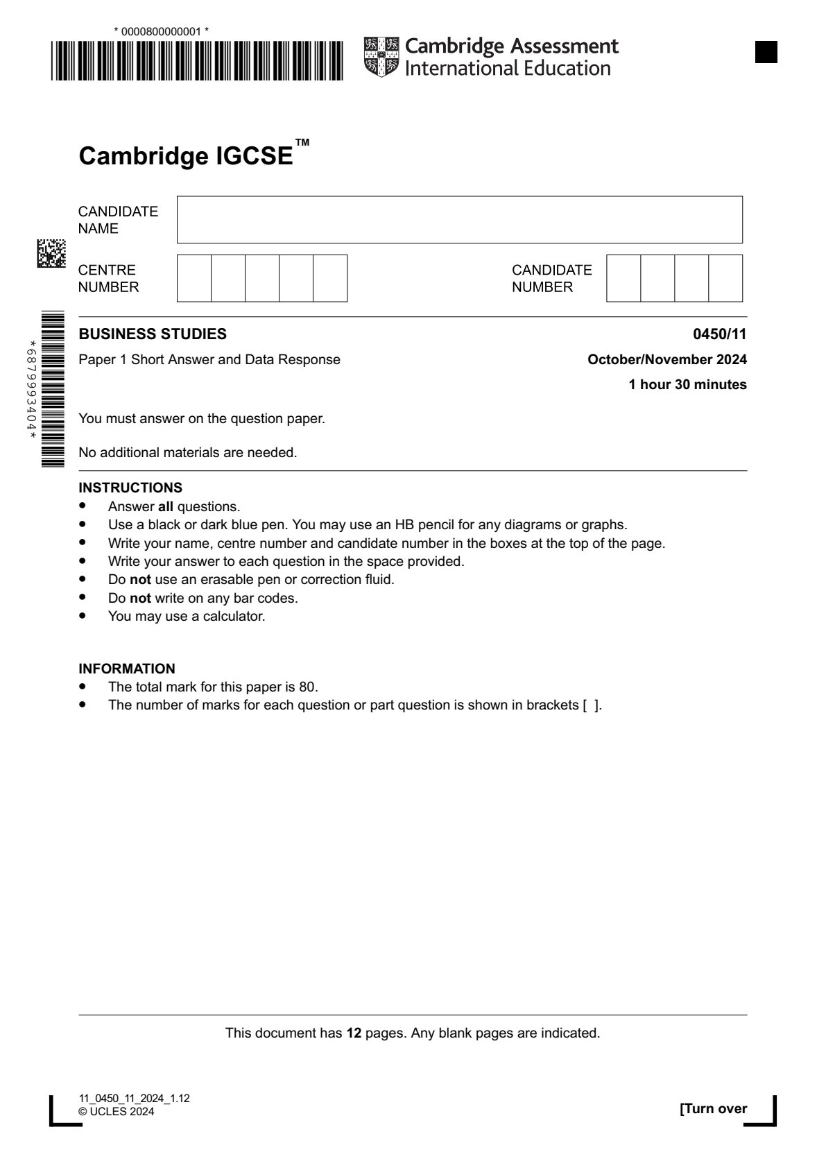 First page of Cambridge International Education IGCSE Business Studies Paper 1 October/November 2024 Question Paper