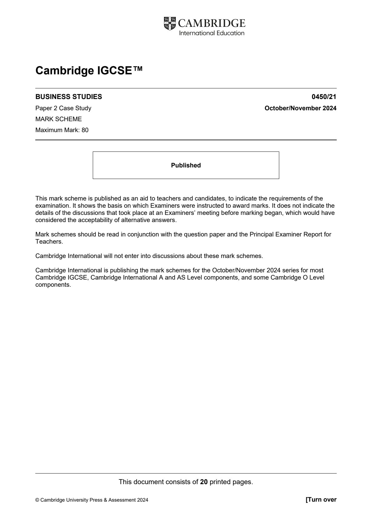 First page of Cambridge International Education IGCSE Business Studies Paper 2 October/November 2024 Marking Scheme