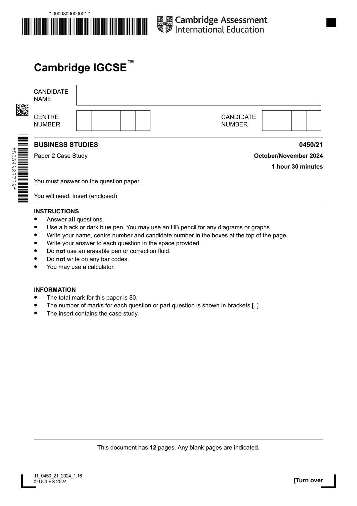 First page of Cambridge International Education IGCSE Business Studies Paper 2 October/November 2024 Question Paper