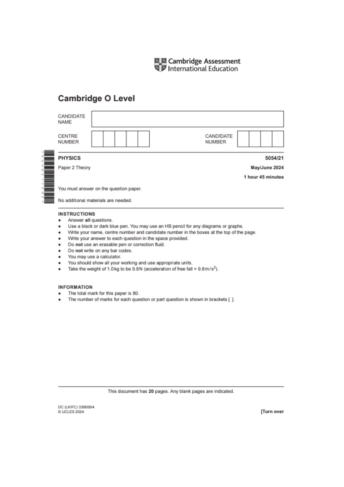 First page of Cambridge International Education O-Level Physics Paper 21 May/June 2024 Question Paper