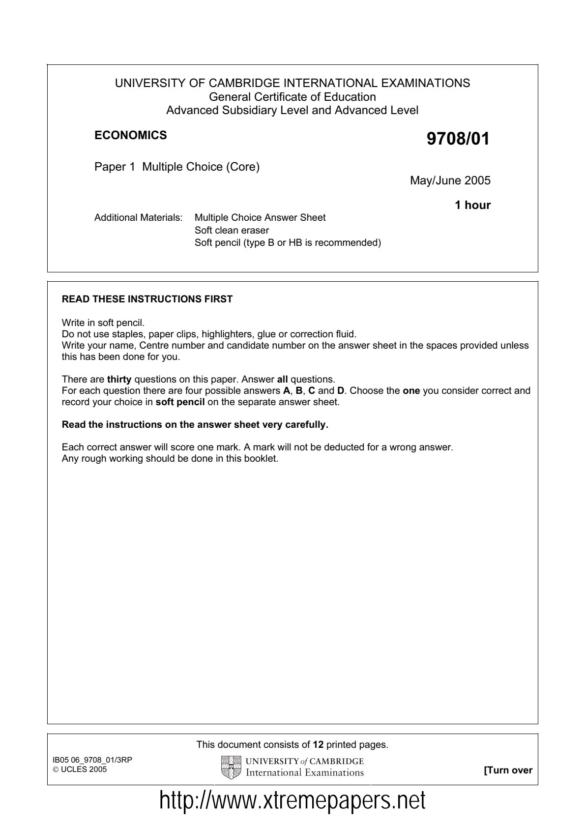 First page of Cambridge International Examinations A-Level Economics Paper 1 May/June 2005 Question Paper