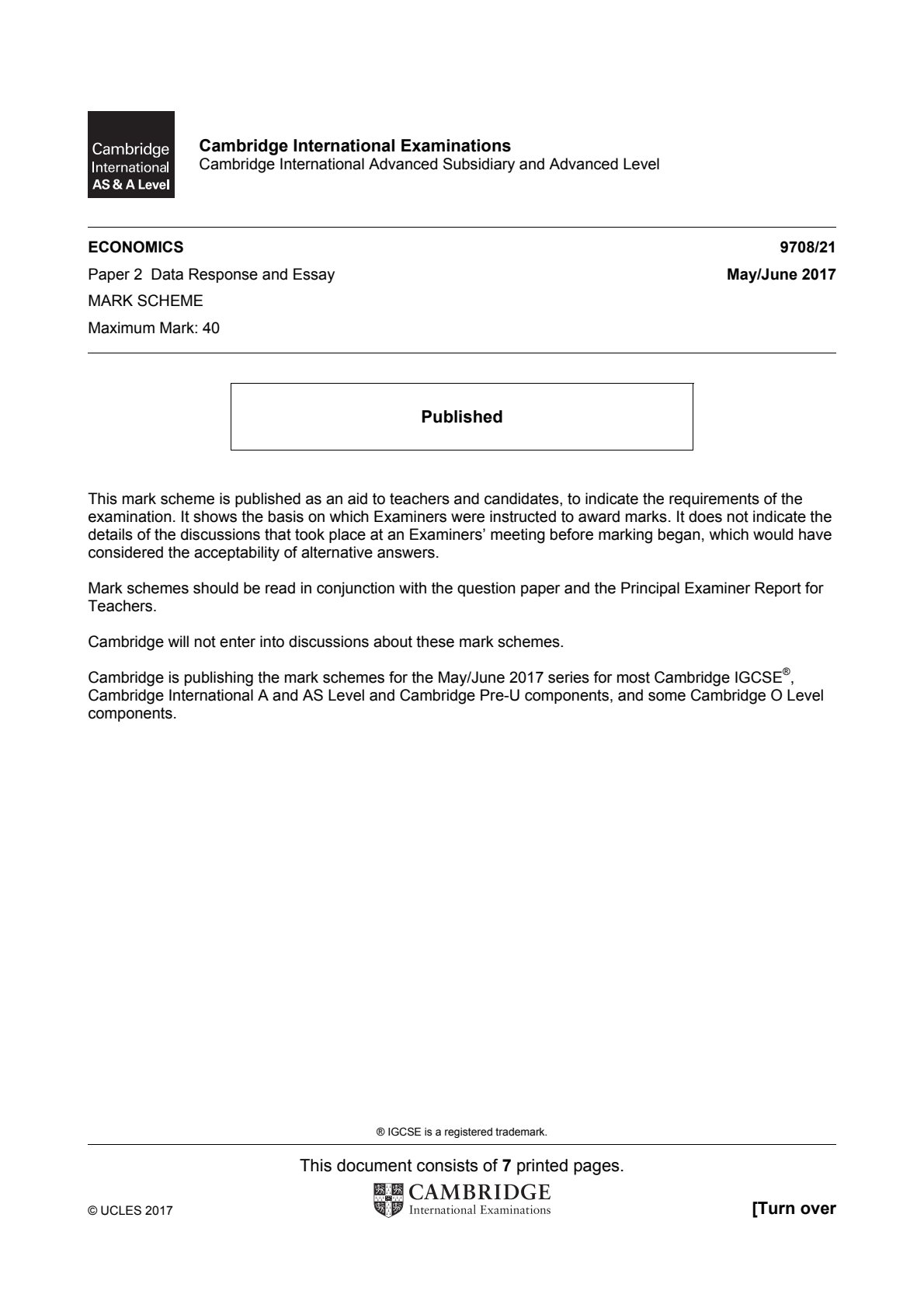 First page of Cambridge International Examinations A-Level Economics Paper 2 Data Response and Essay May/June 2017 Marking Scheme