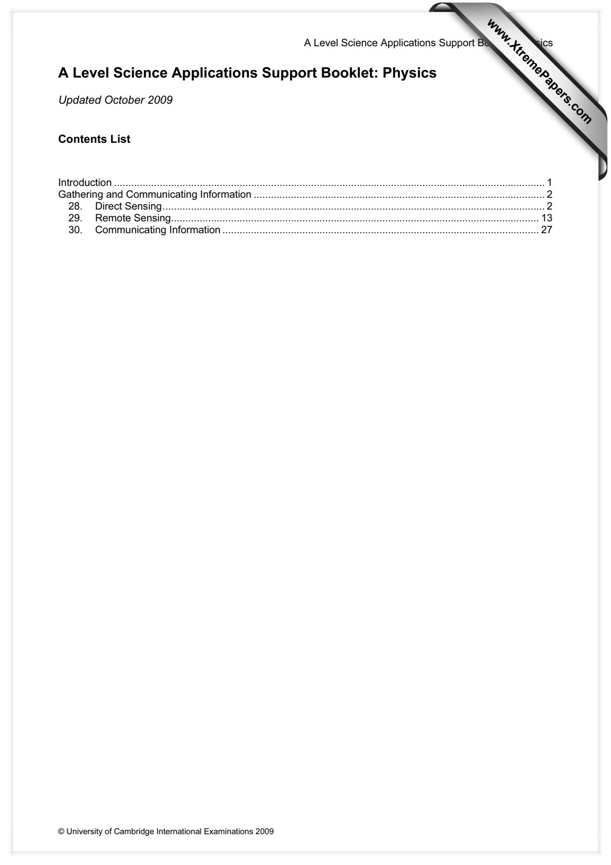 First page of Cambridge International Examinations A-Level Physics 2009 Study Guide