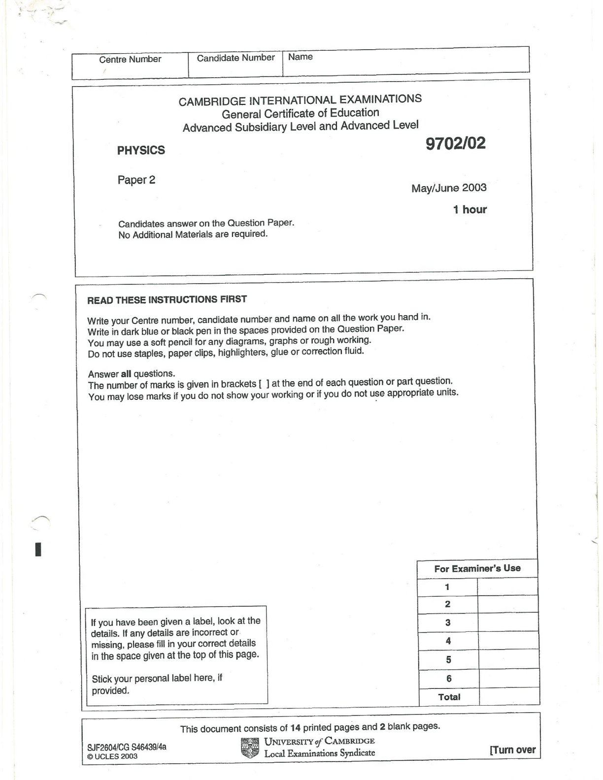 First page of Cambridge International Examinations A-Level Physics Paper 2 May/June 2003 Question Paper