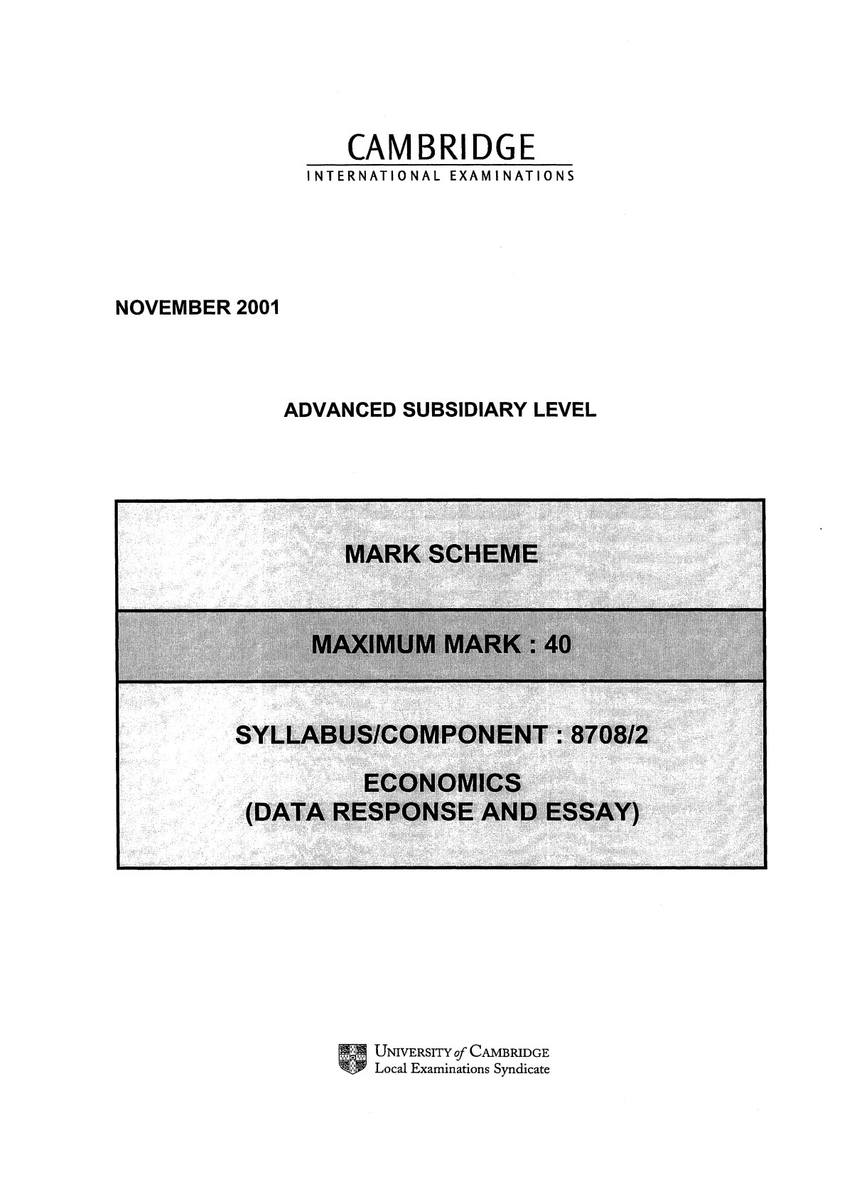 First page of Cambridge International Examinations AS Level Economics Paper 2 November 2001 Marking Scheme