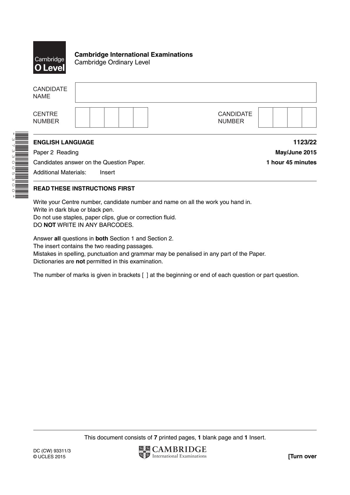 First page of Cambridge International Examinations O-Level English Language Paper 2 May/June 2015 Question Paper
