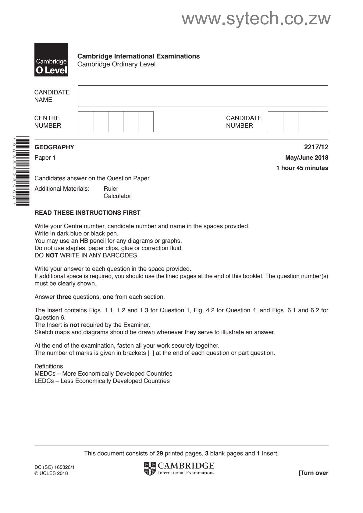 First page of Cambridge International Examinations O-Level Geography Paper 1 May/June 2018 Question Paper