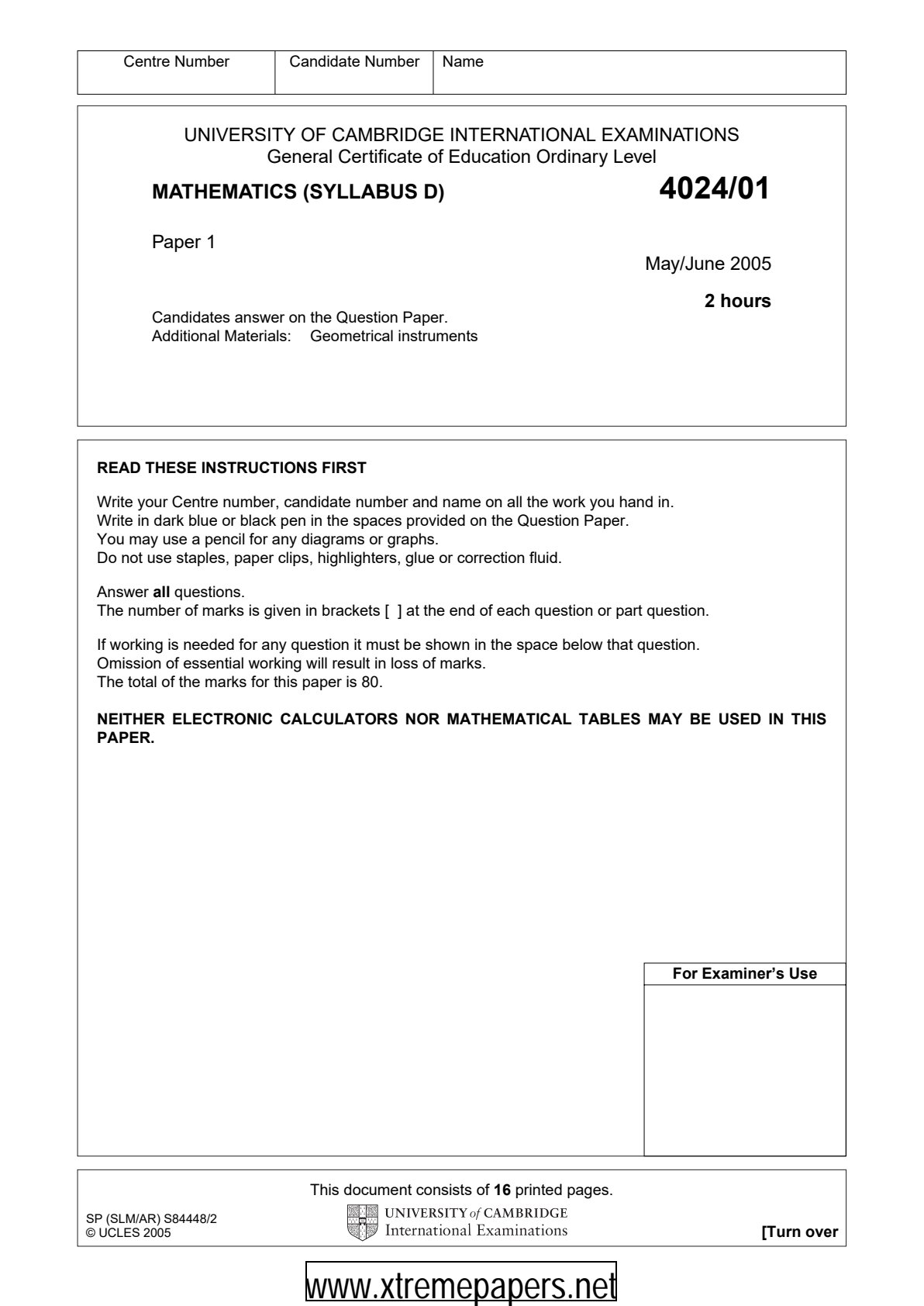 First page of Cambridge International Examinations O-Level Mathematics Paper 1 May/June 2005 Question Paper