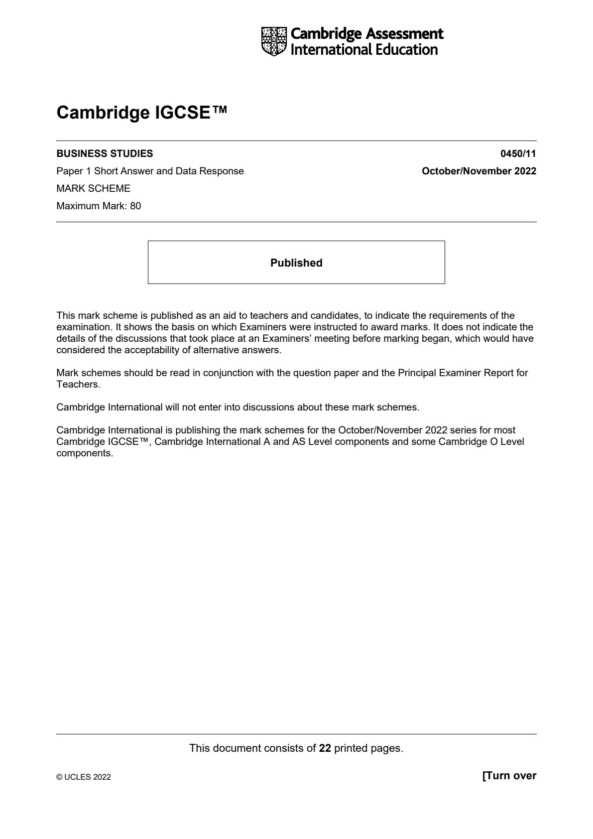First page of Cambridge International IGCSE Business Studies Paper 1 October/November 2022 Marking Scheme