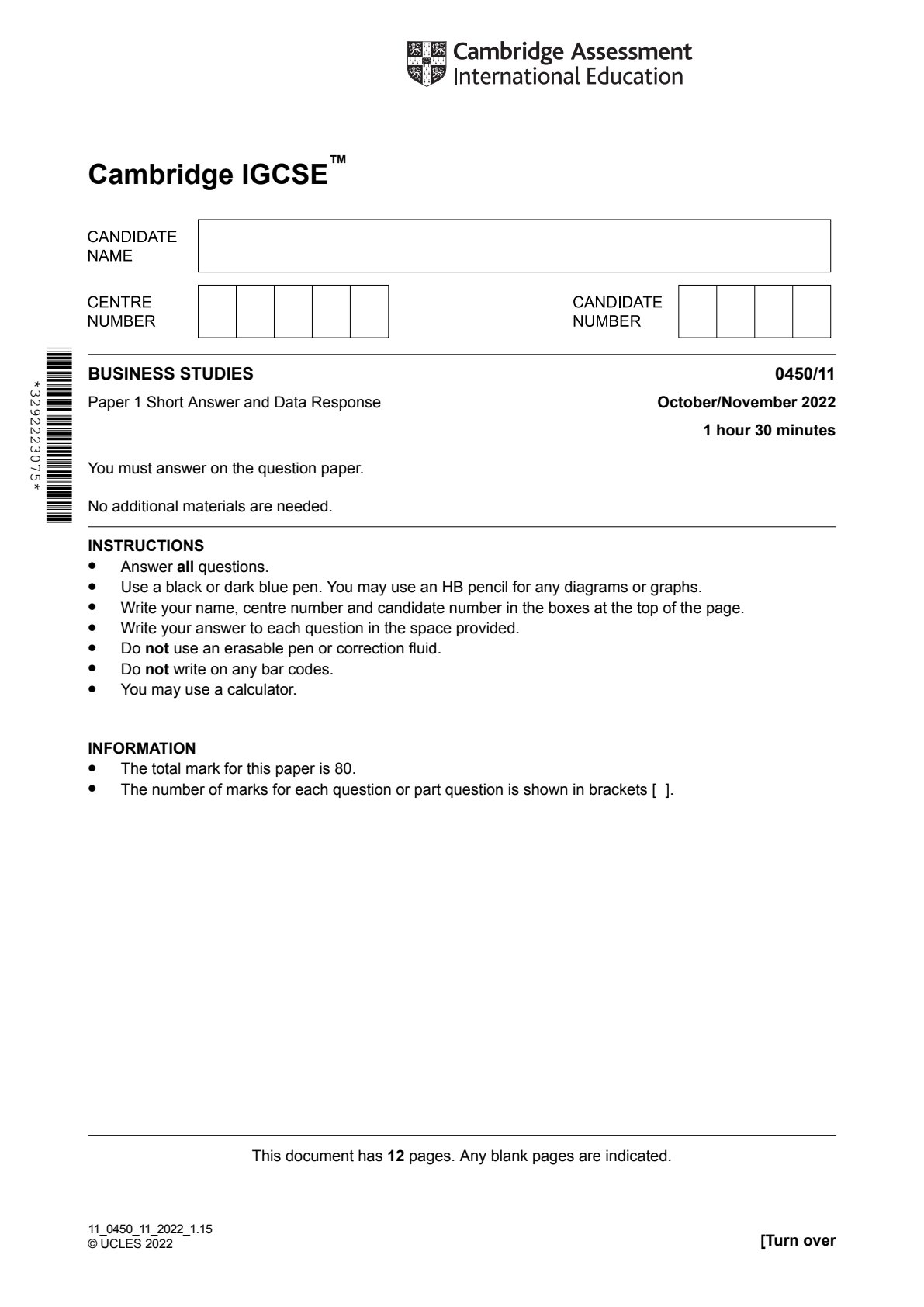 First page of Cambridge International IGCSE Business Studies Paper 1 October/November 2022 Question Paper
