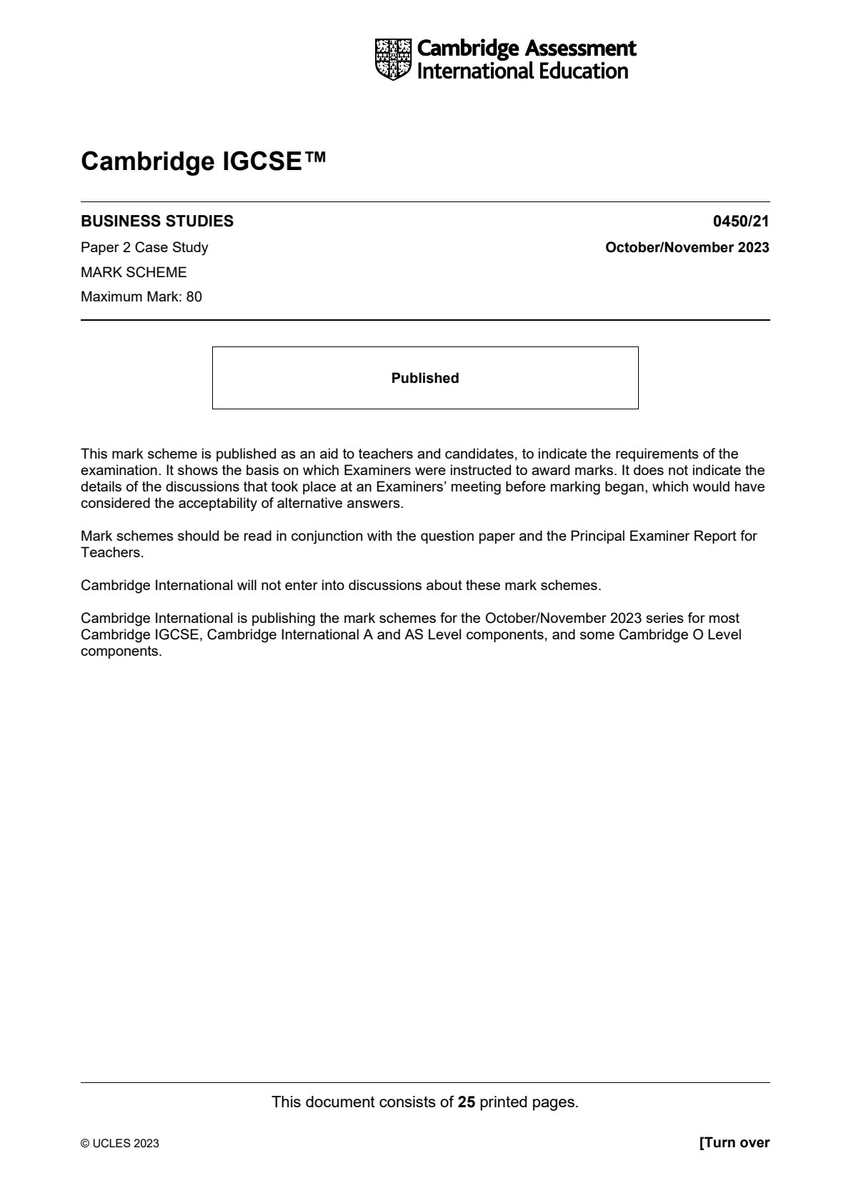 First page of Cambridge International IGCSE Business Studies Paper 2 October/November 2023 Marking Scheme