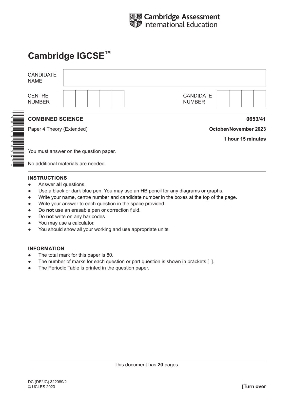 First page of Cambridge International IGCSE Combined Science Paper 4 Theory (Extended) October/November 2023 Question Paper