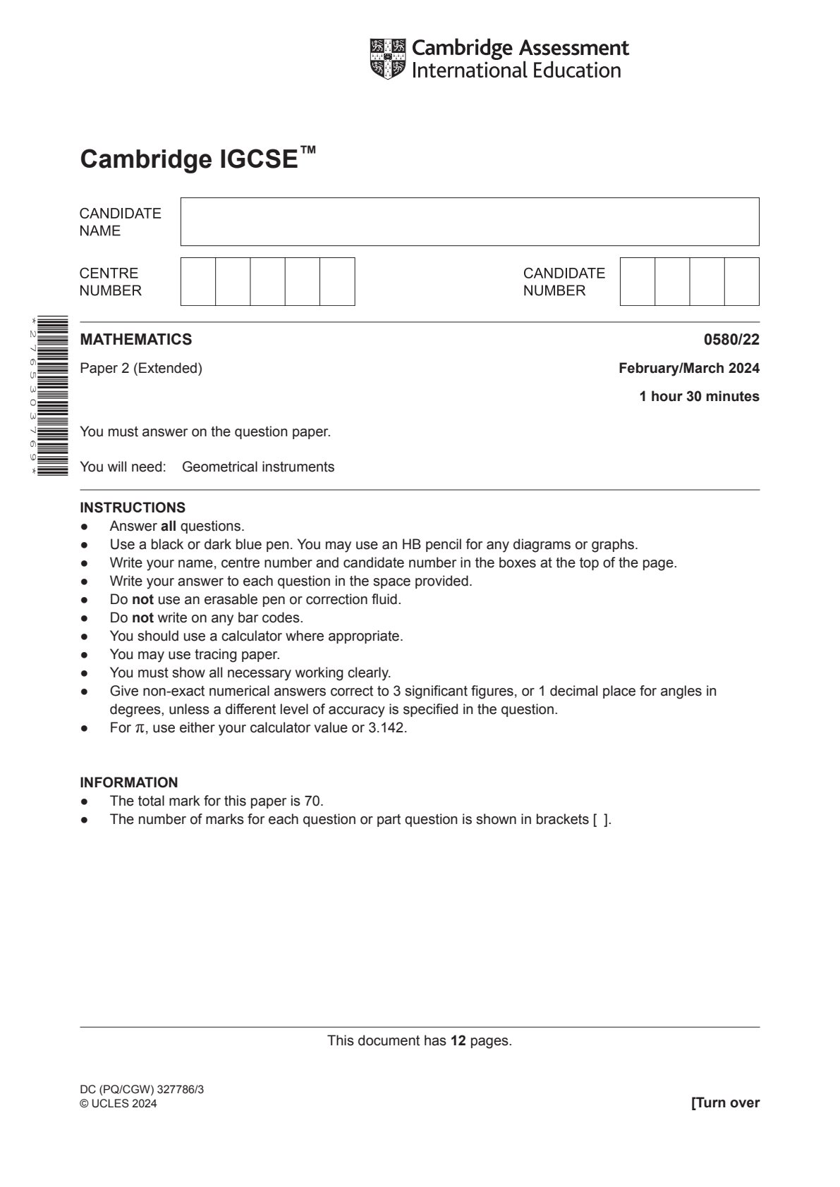 First page of Cambridge International IGCSE Mathematics Paper 2 (Extended) March 2024 Question Paper