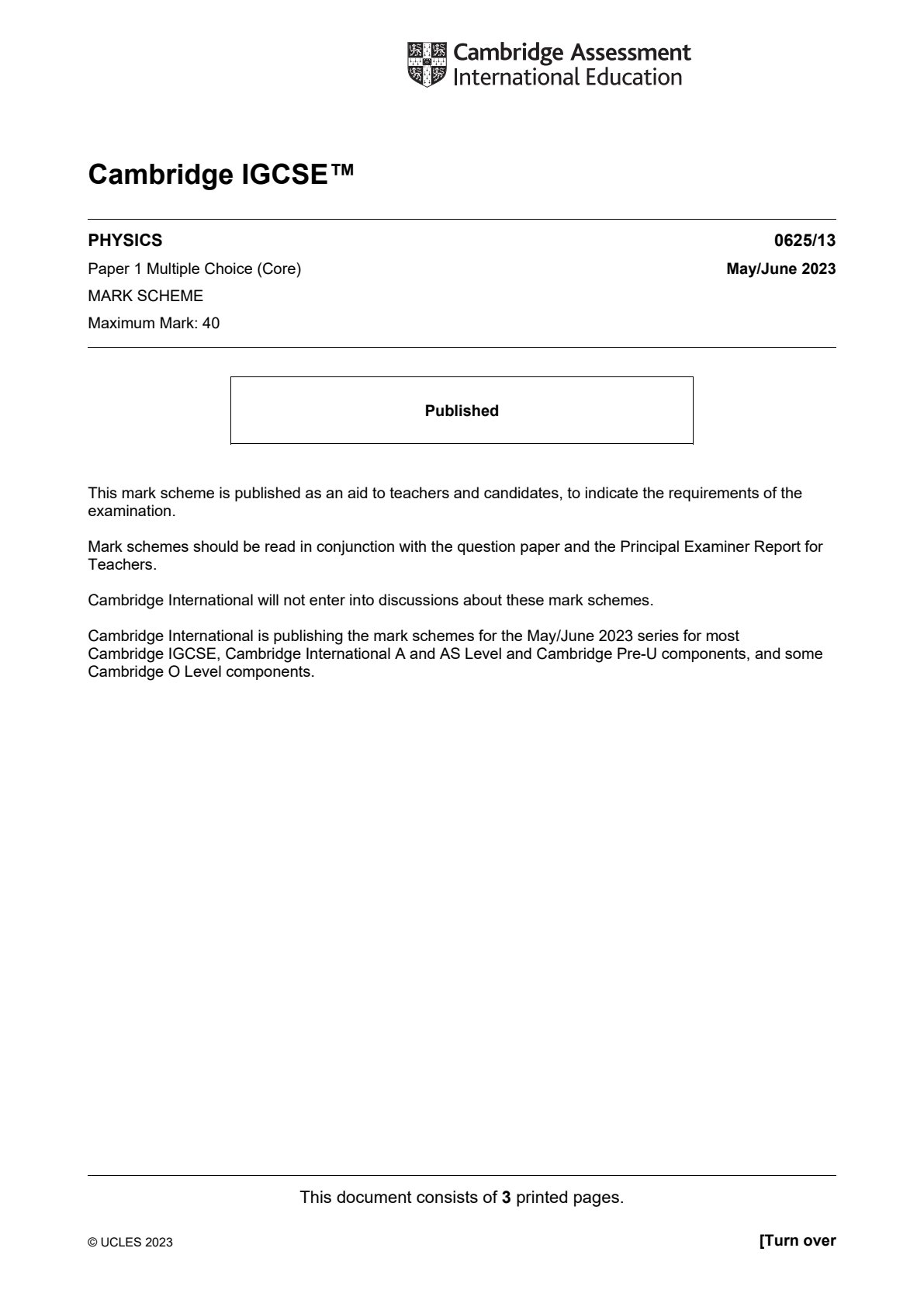 First page of Cambridge International IGCSE Physics Paper 1 May/June 2023 Marking Scheme