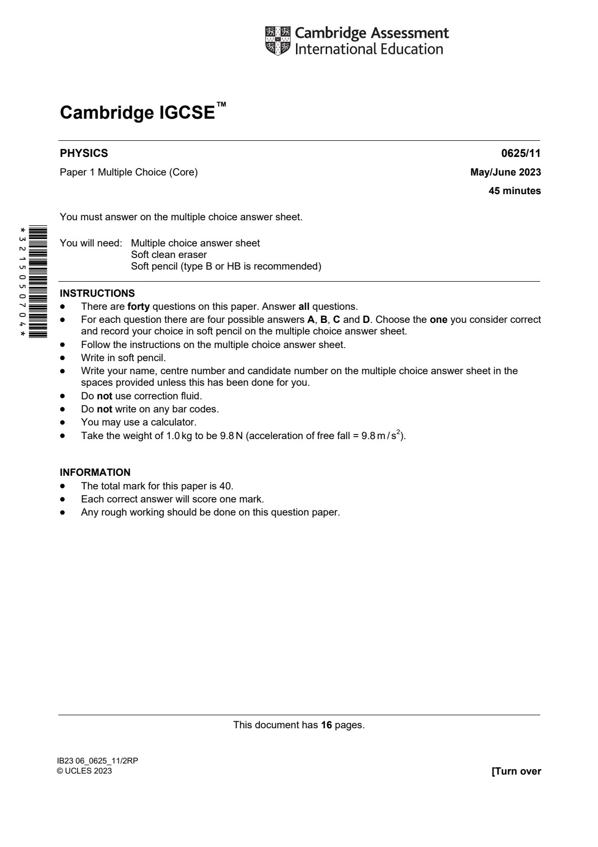 First page of Cambridge International IGCSE Physics Paper 1 May/June 2023 Question Paper