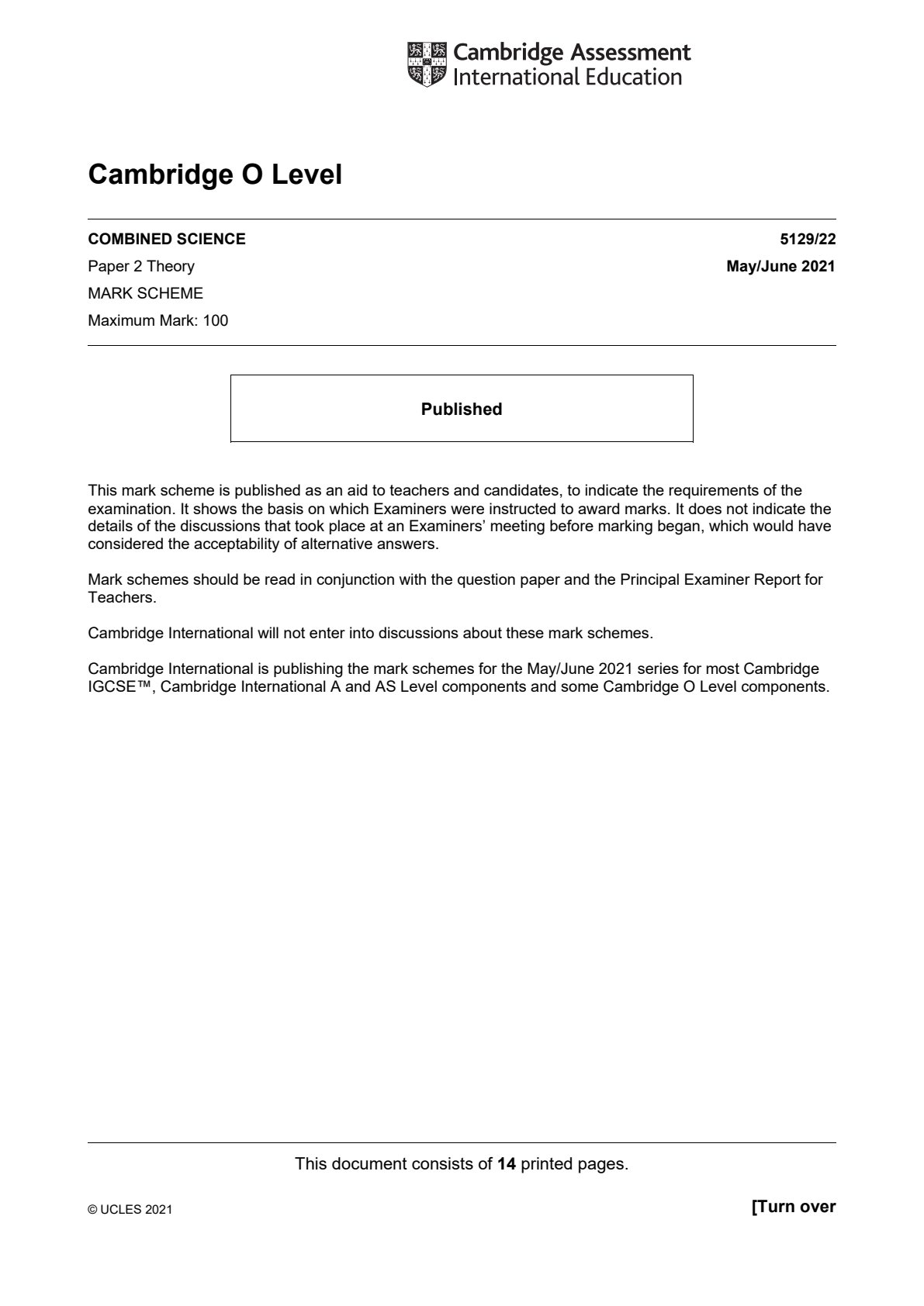 First page of Cambridge International O-Level Combined Science Paper 2 May/June 2021 Marking Scheme