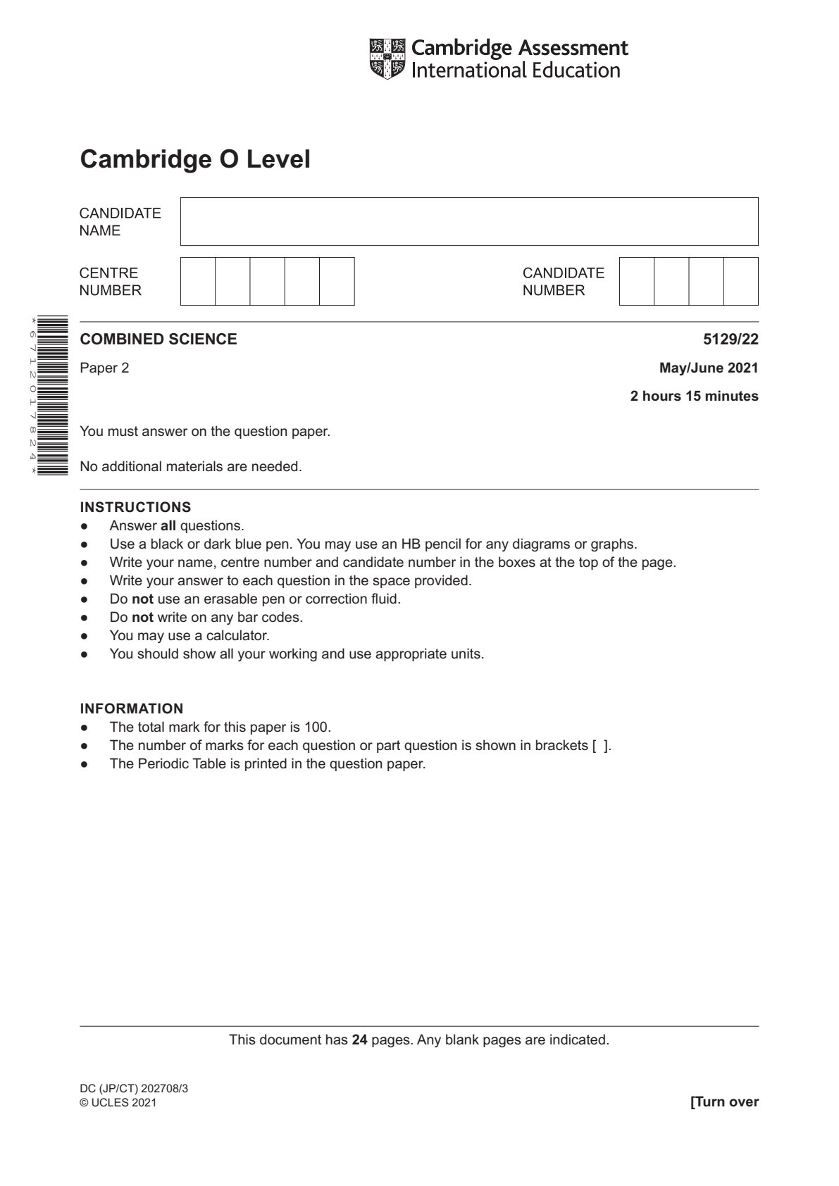 First page of Cambridge International O-Level Combined Science Paper 2 May/June 2021 Question Paper