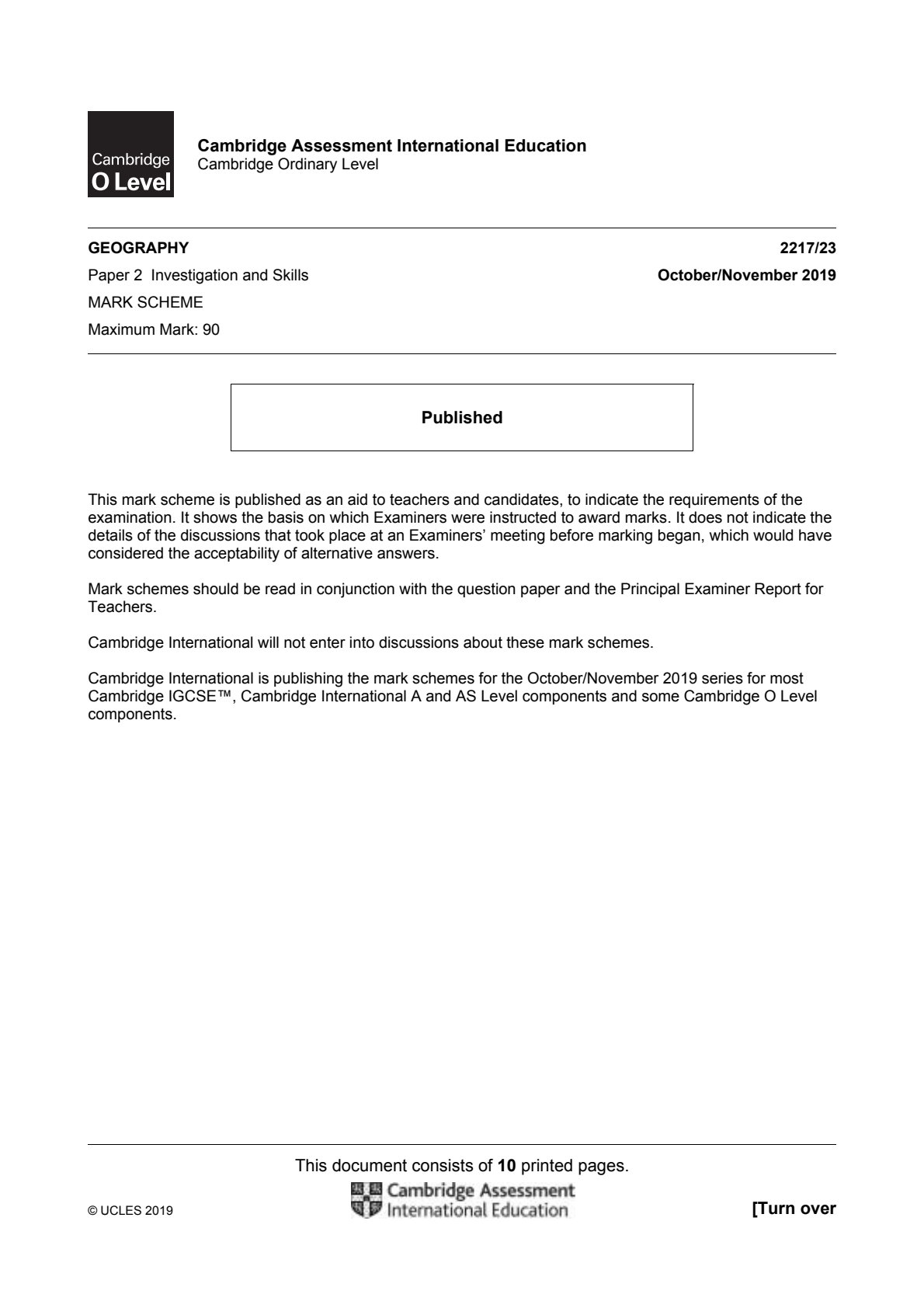 First page of Cambridge International O-Level Geography Paper 2 October/November 2019 Marking Scheme