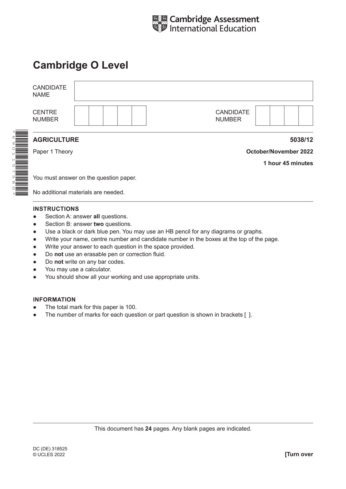 First page of Cambridge O-Level Agriculture Paper 1 October/November 2022 Question Paper