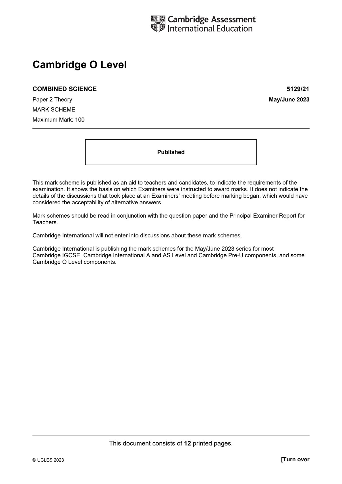 First page of Cambridge O-Level Combined Science Paper 2 May/June 2023 Marking Scheme