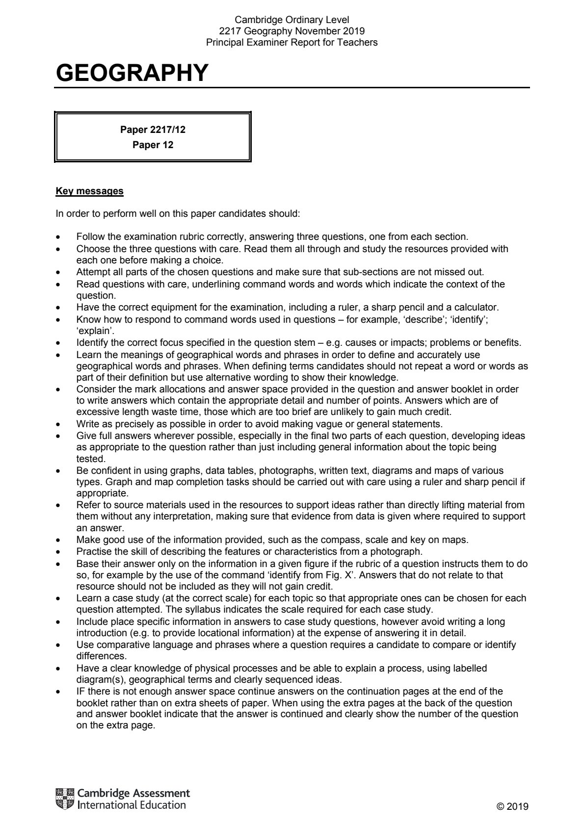 First page of Cambridge O-Level Geography Paper 12 November 2019 Marking Scheme