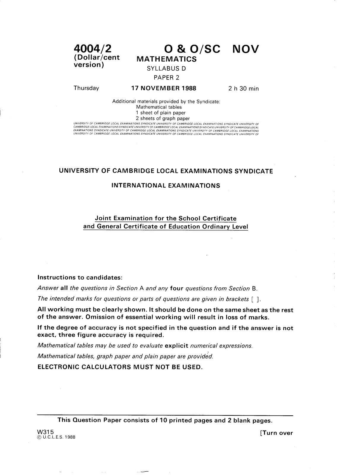 First page of Cambridge O-Level Mathematics Paper 2 November 1988 Question Paper