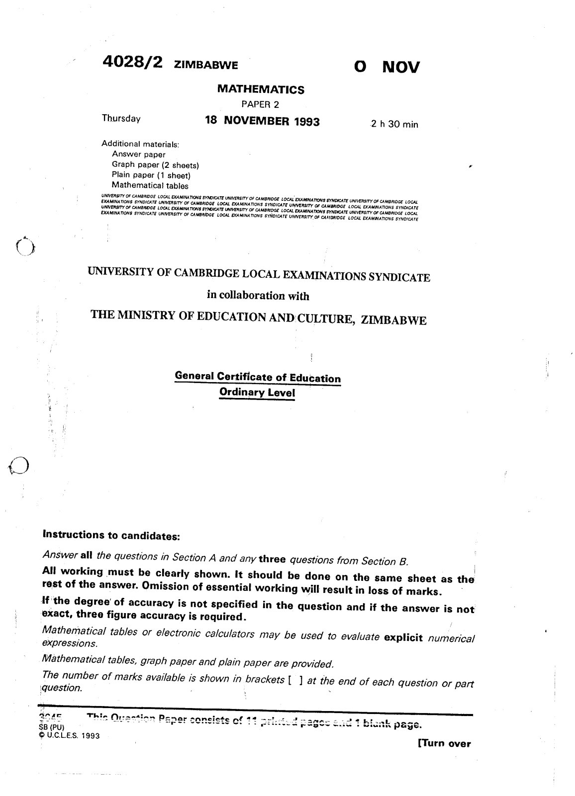 First page of Cambridge O-Level Mathematics Paper 2 November 1993 Question Paper