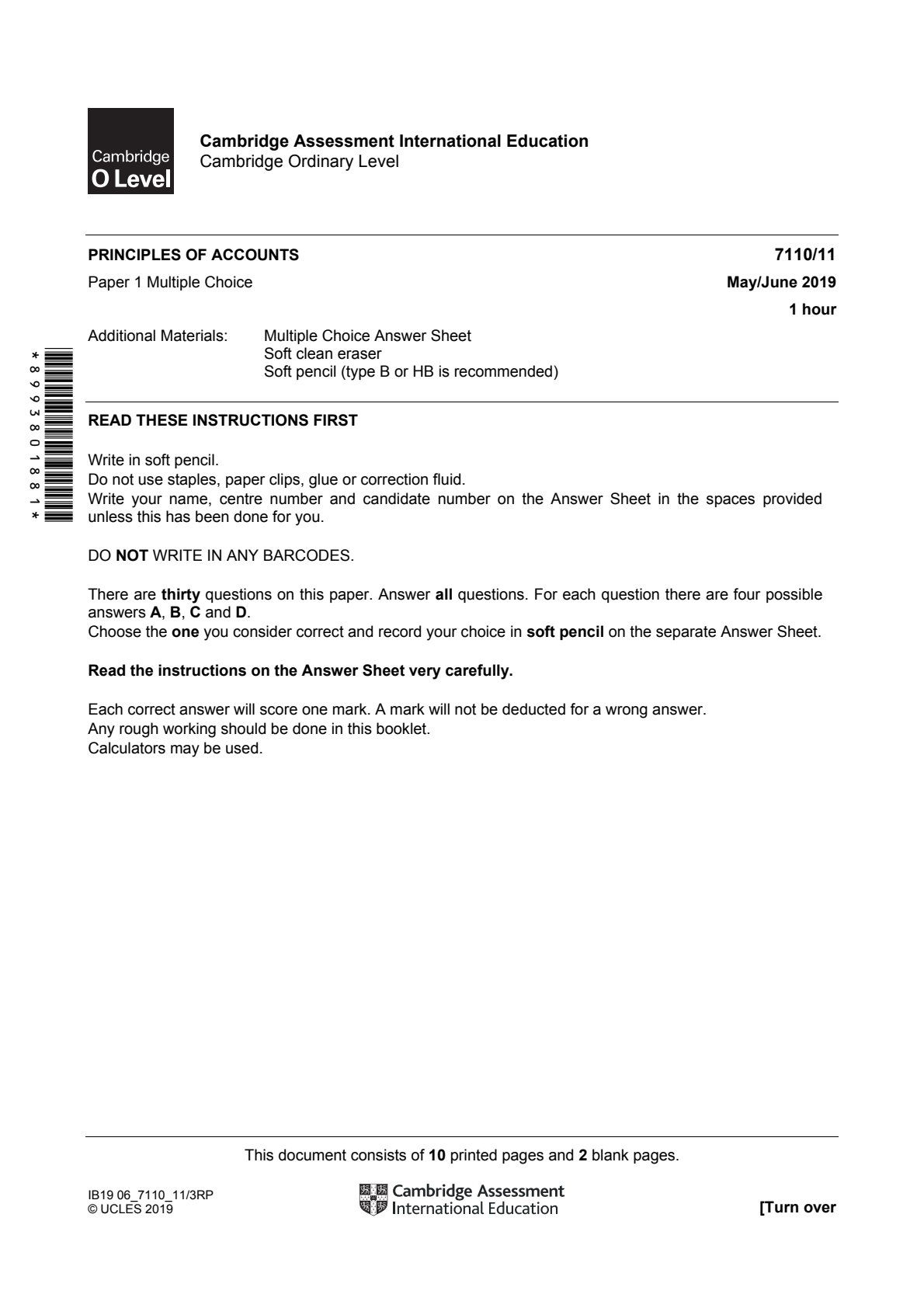 First page of Cambridge O-Level Principles of Accounts Paper 1 May/June 2019 Question Paper