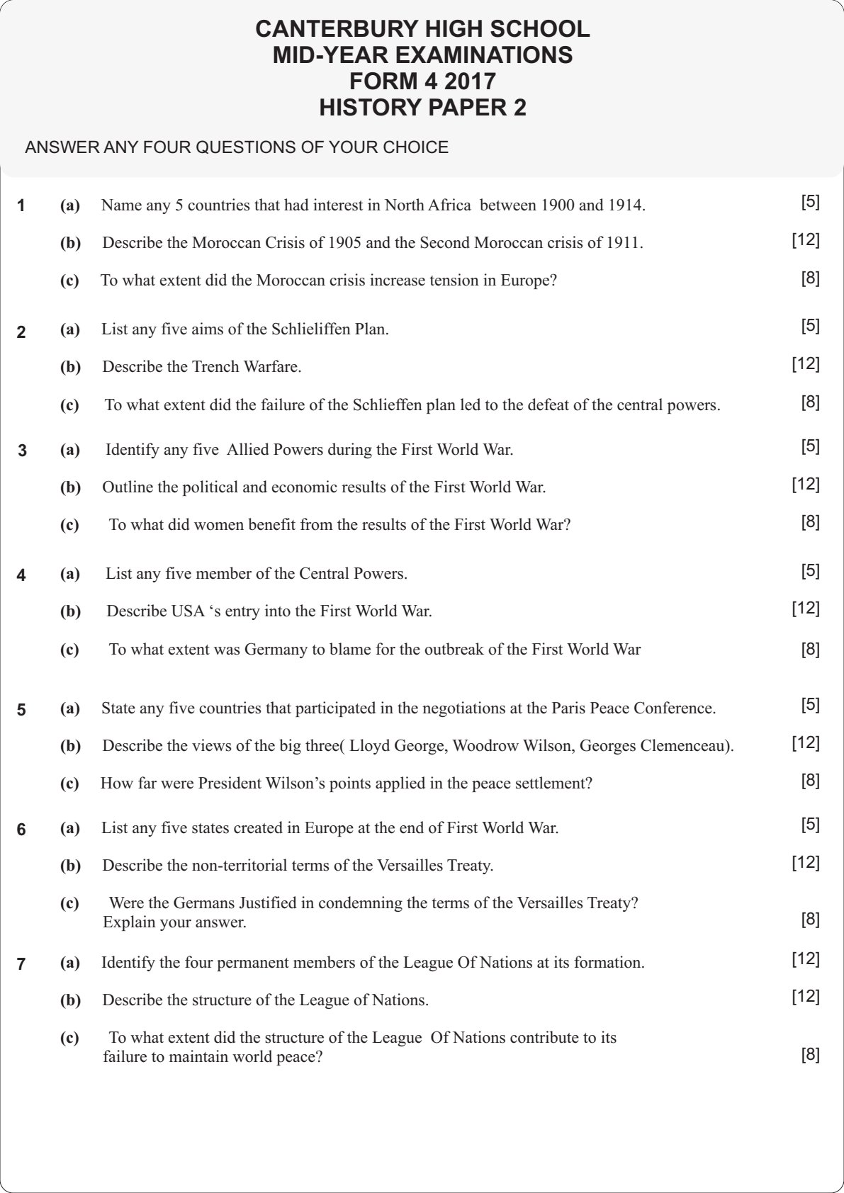 First page of Canterbury High School O-Level History Mid-year 2017 Question Paper