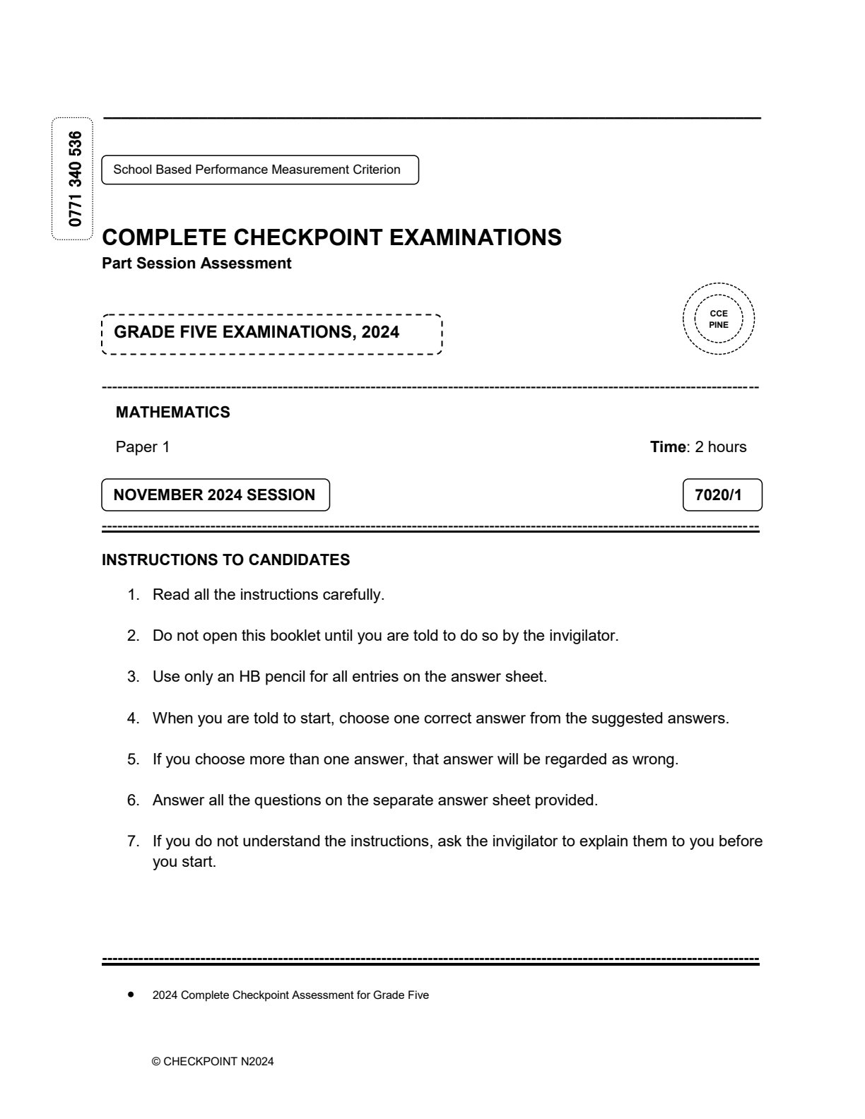 First page of CCE Grade 5 Mathematics Paper 1 November 2024 Question Paper
