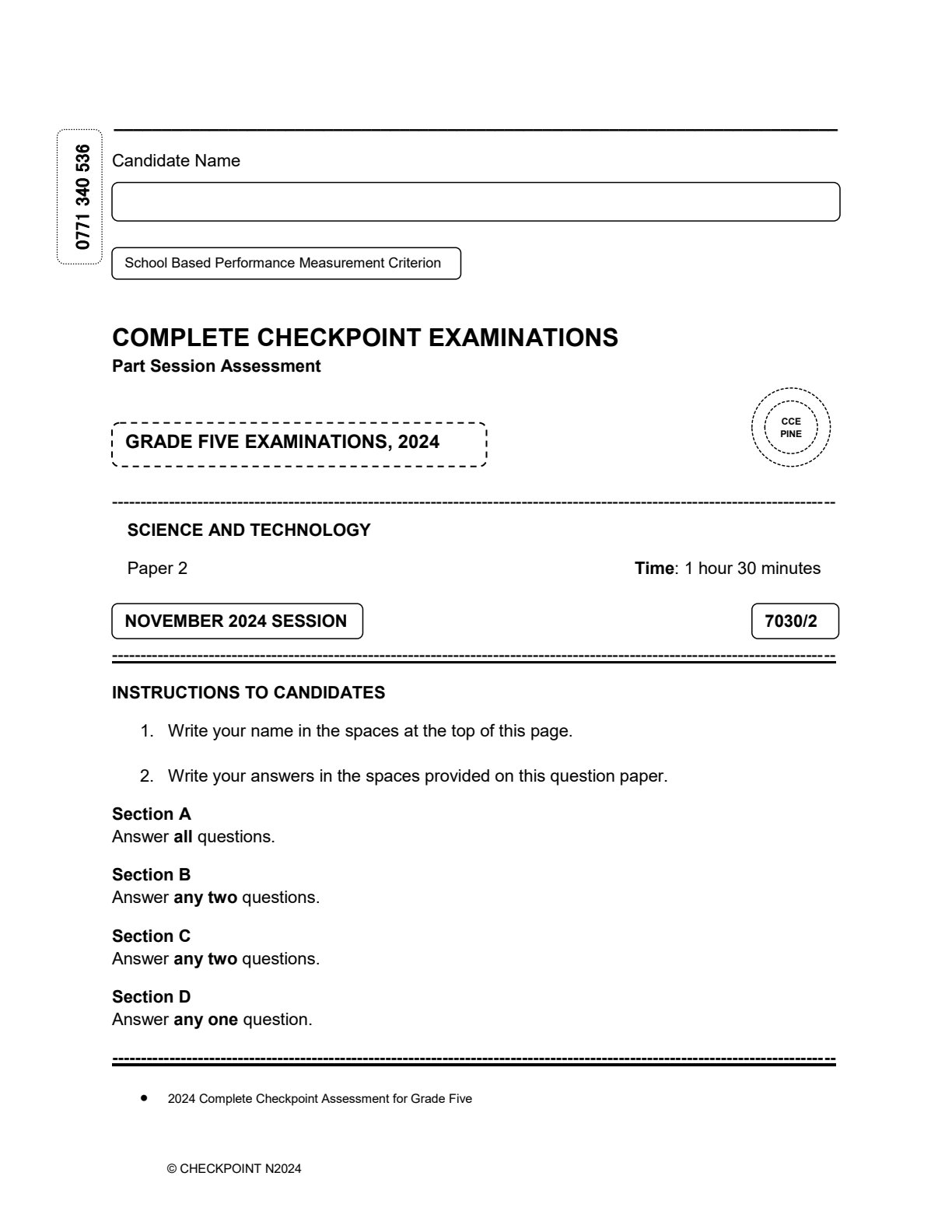 First page of CCE Grade 5 Science and Technology Paper 2 November 2024 Question Paper
