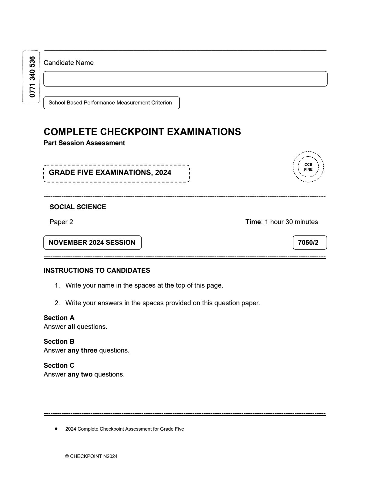 First page of CCE Grade 5 Social Science Paper 2 November 2024 Question Paper
