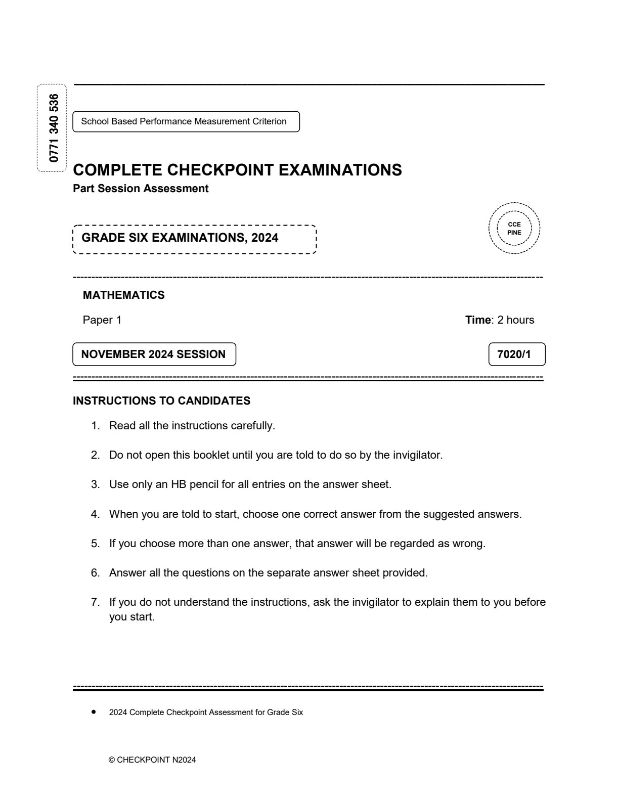 First page of CCE Grade 6 Mathematics Paper 1 November 2024 Question Paper