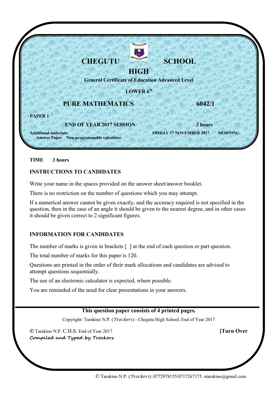 First page of Chegutu High School A-Level Pure Mathematics November 2017 Question Paper