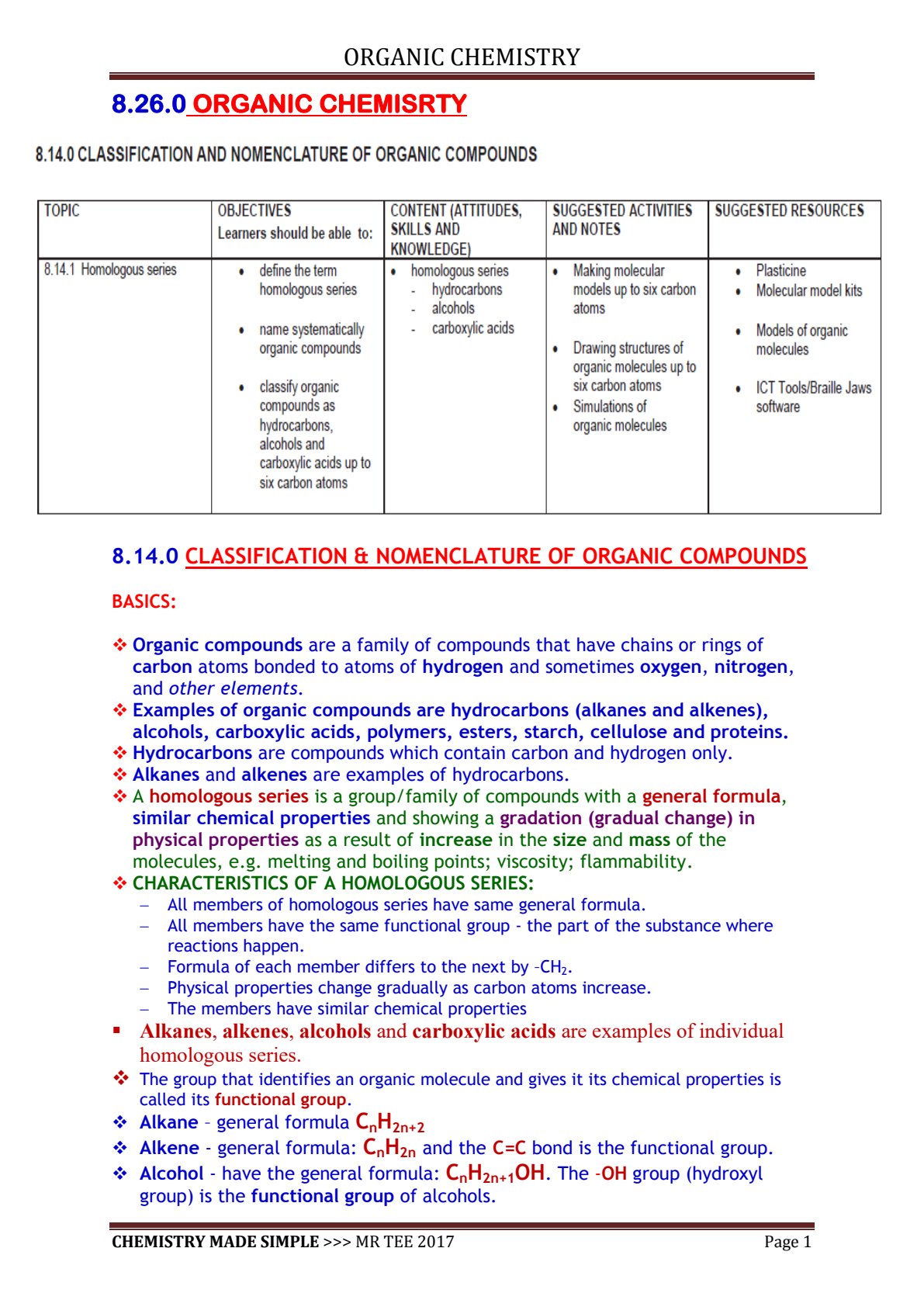 First page of Chemistry Organic Chemistry Notes Zimbabwe