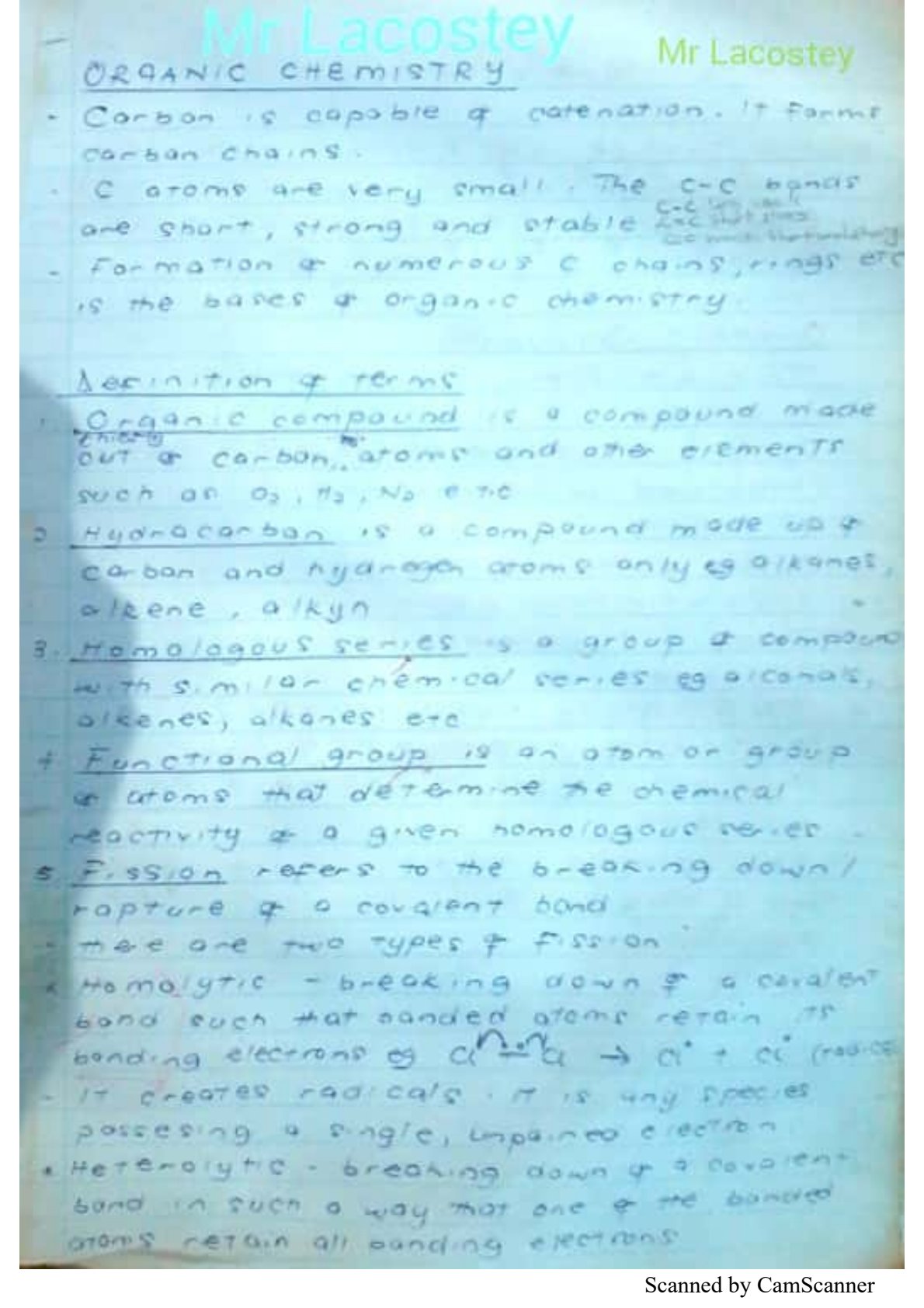 First page of Chemistry Organic Chemistry Notes Zimbabwe