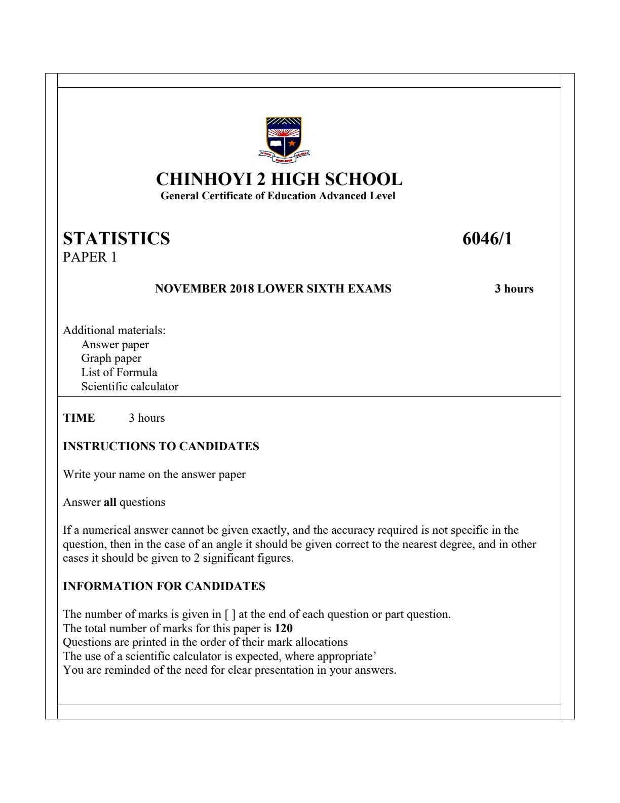 First page of Chinhoyi 2 High School A-Level Statistics November 2018 Question Paper