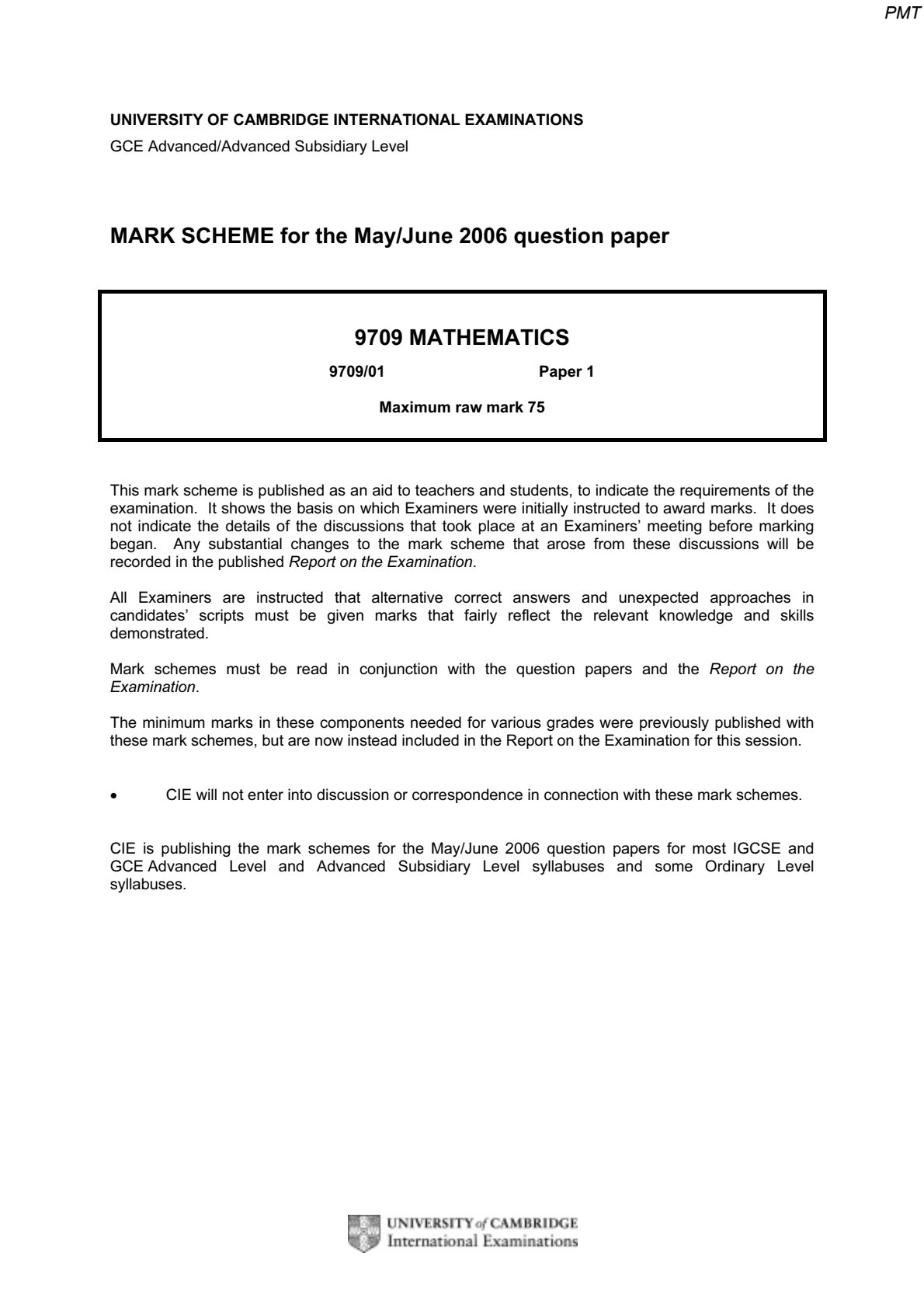 First page of CIE A-Level Mathematics Paper 1 May/June 2006 Marking Scheme