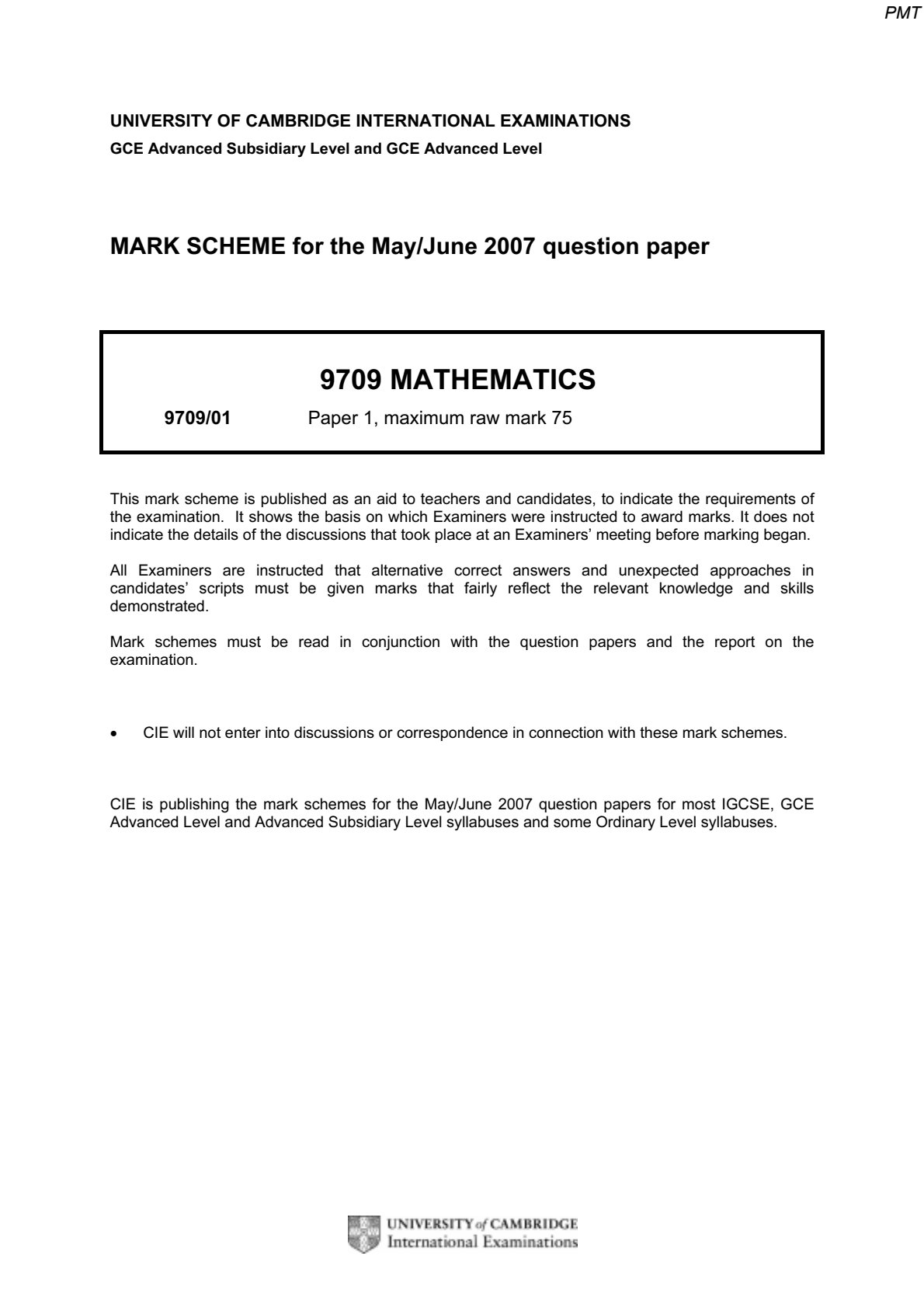 First page of CIE A-Level Mathematics Paper 1 May/June 2007 Marking Scheme