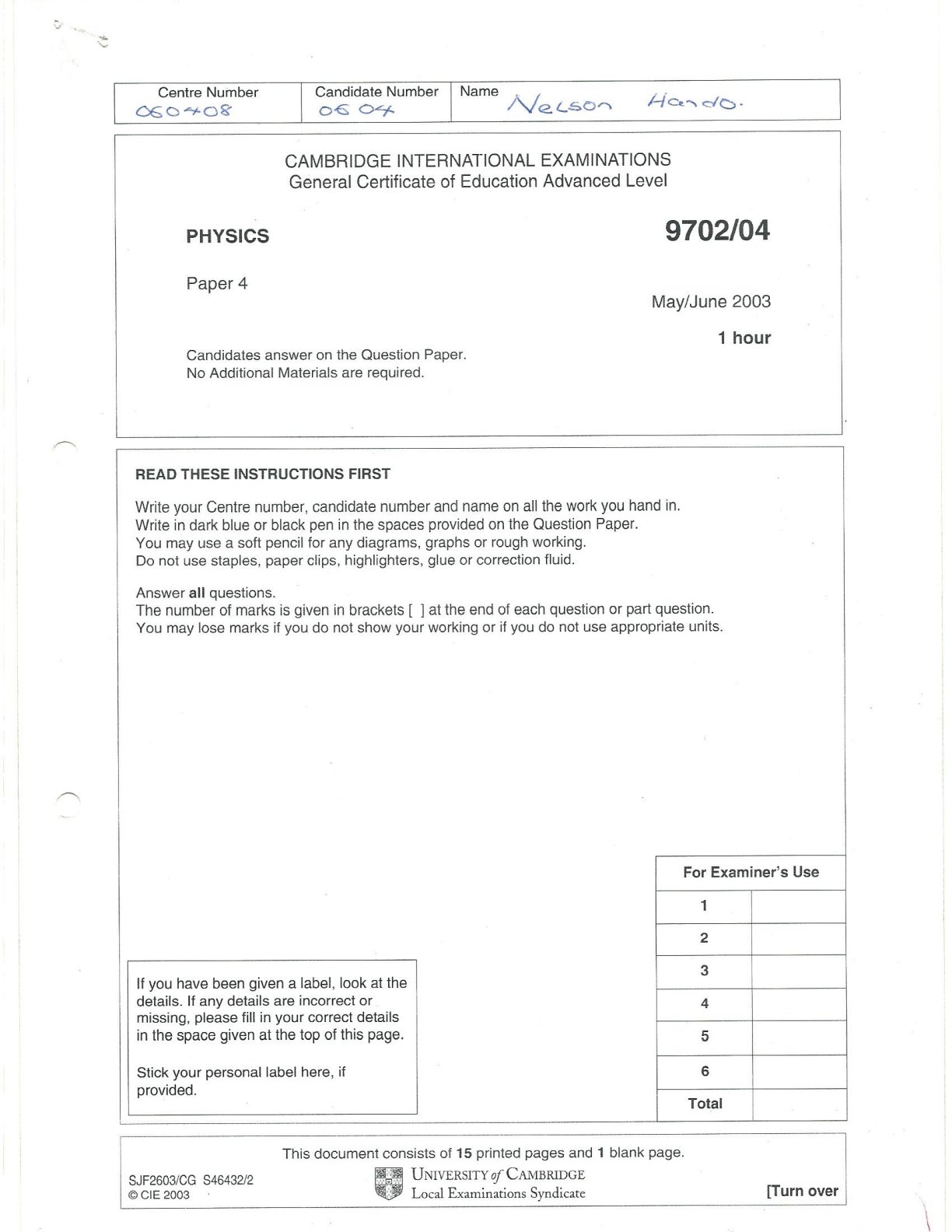 First page of CIE A-Level Physics Paper 4 May/June 2003 Question Paper