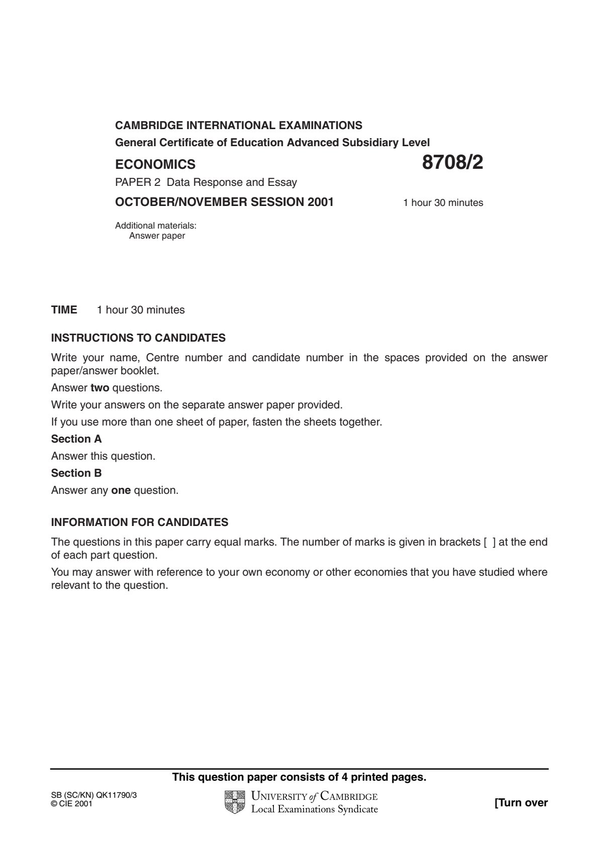 First page of CIE AS Level Economics Paper 2 October/November 2001 Question Paper