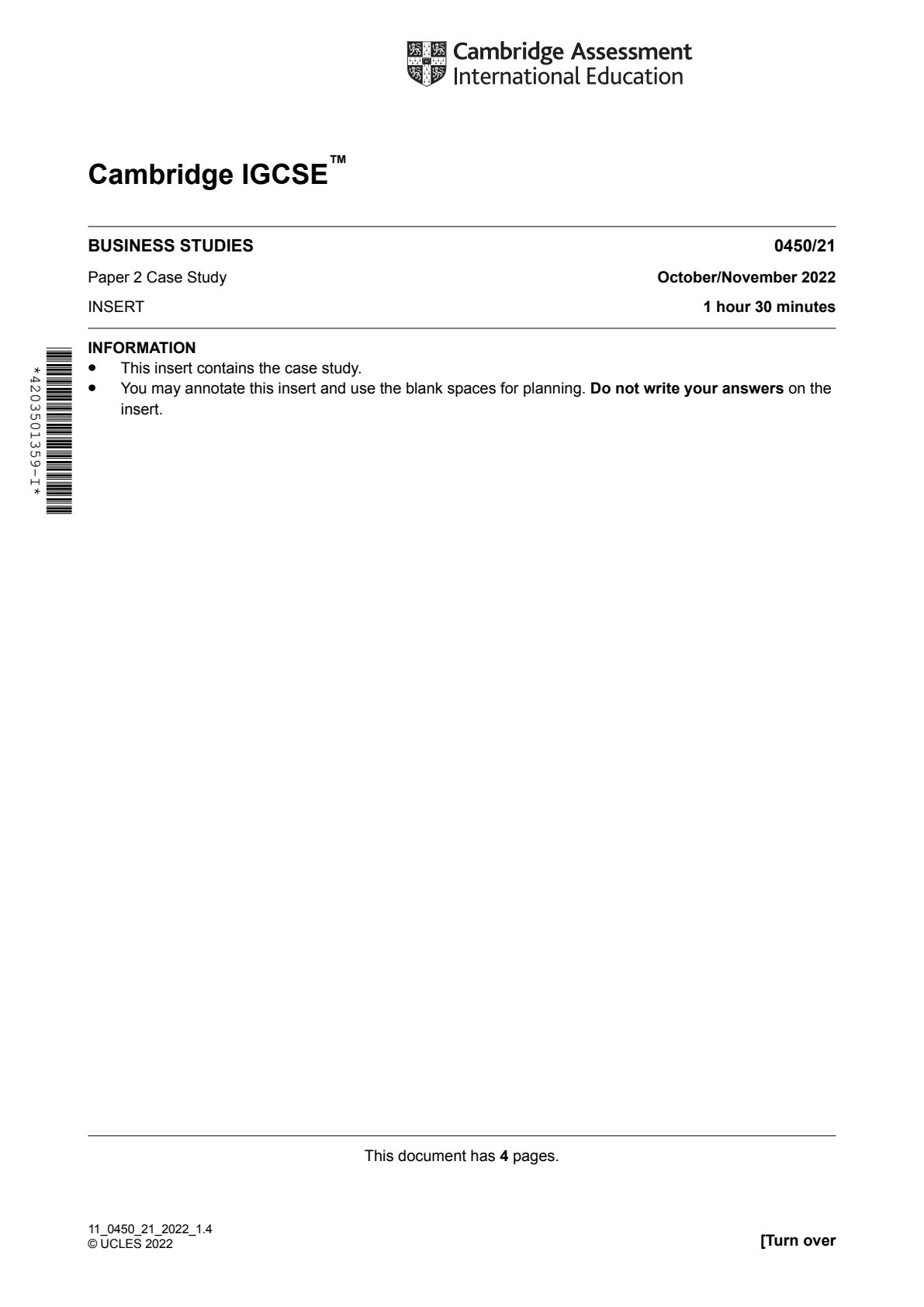 First page of CIE IGCSE Business Studies Paper 2 October/November 2022 Question Paper