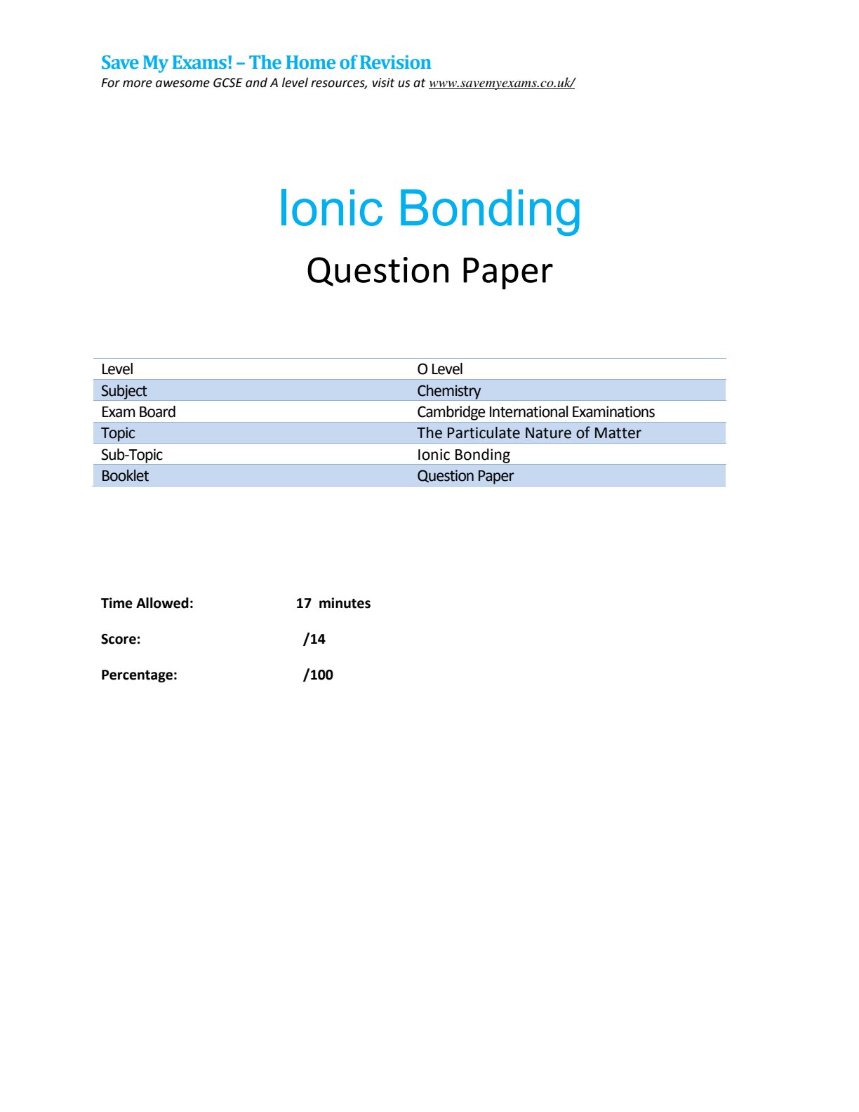 First page of CIE O-Level Chemistry Question Paper