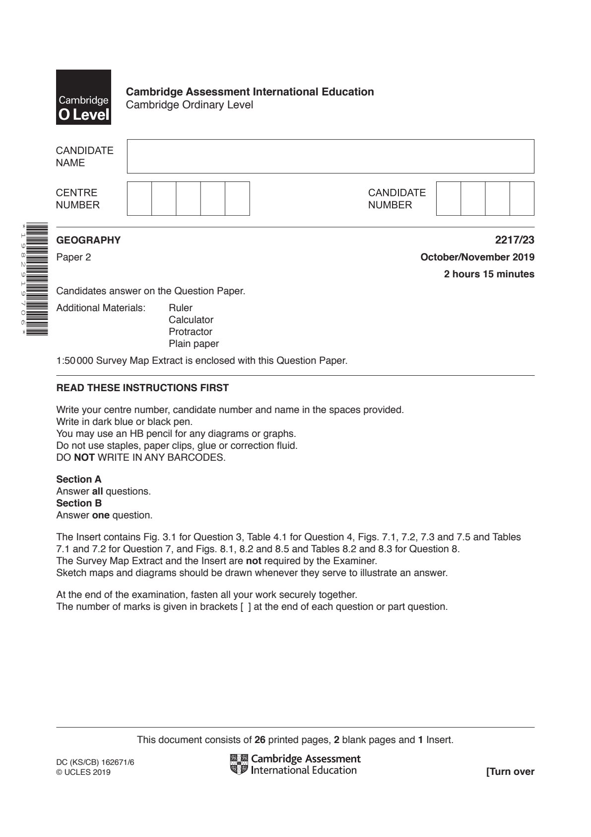 First page of CIE O-Level Geography Paper 2 October/November 2019 Question Paper