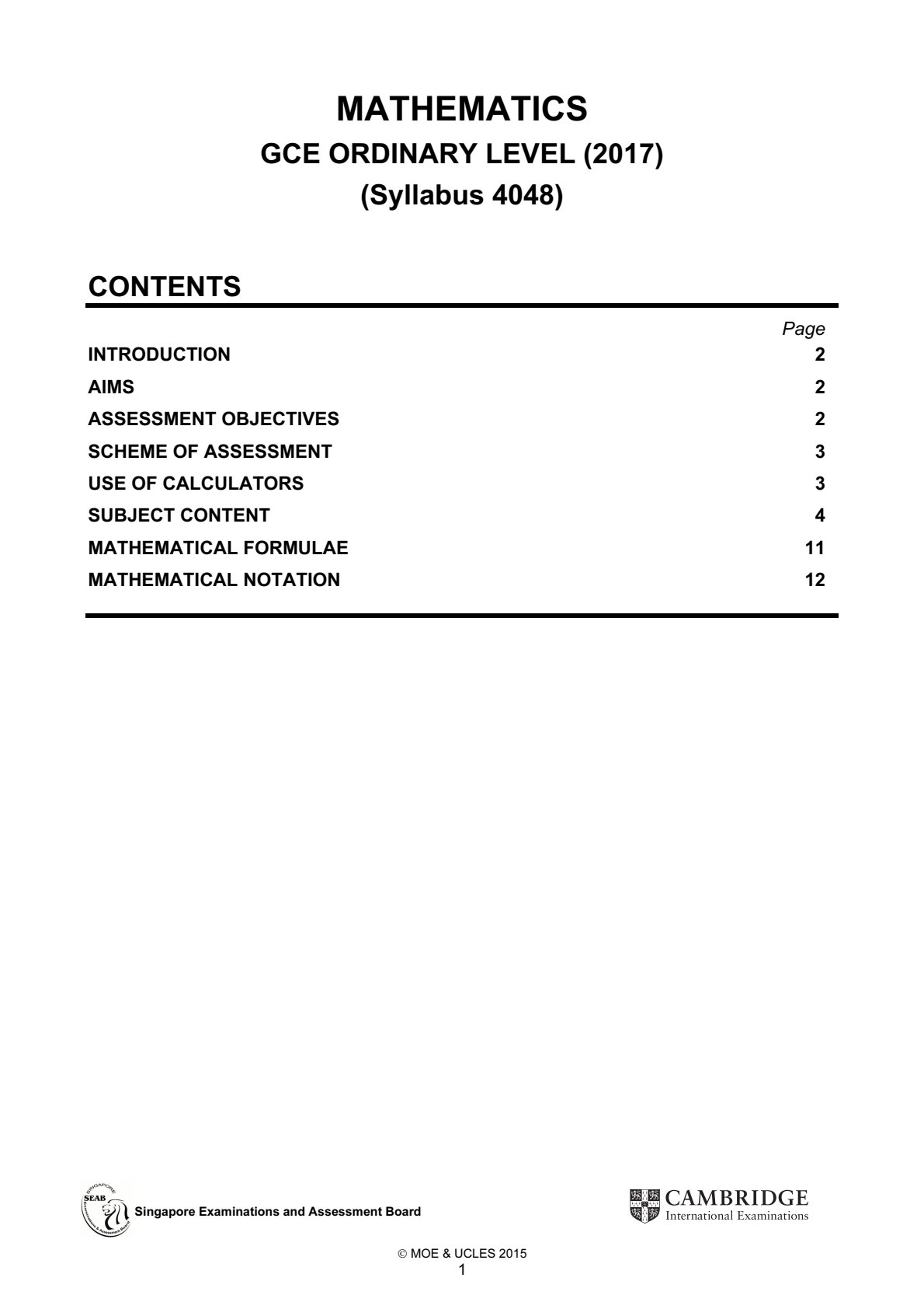 First page of CIE O-Level Mathematics 2017 Syllabus