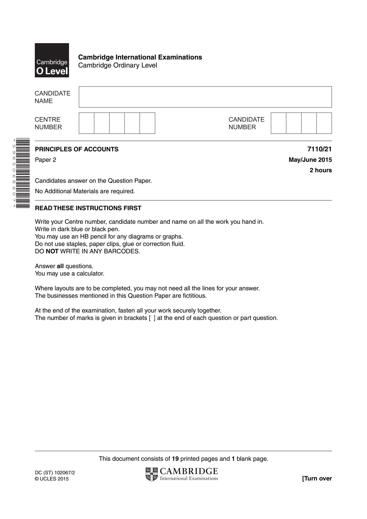 First page of CIE O-Level Principles of Accounts Paper 2 May/June 2015 Question Paper