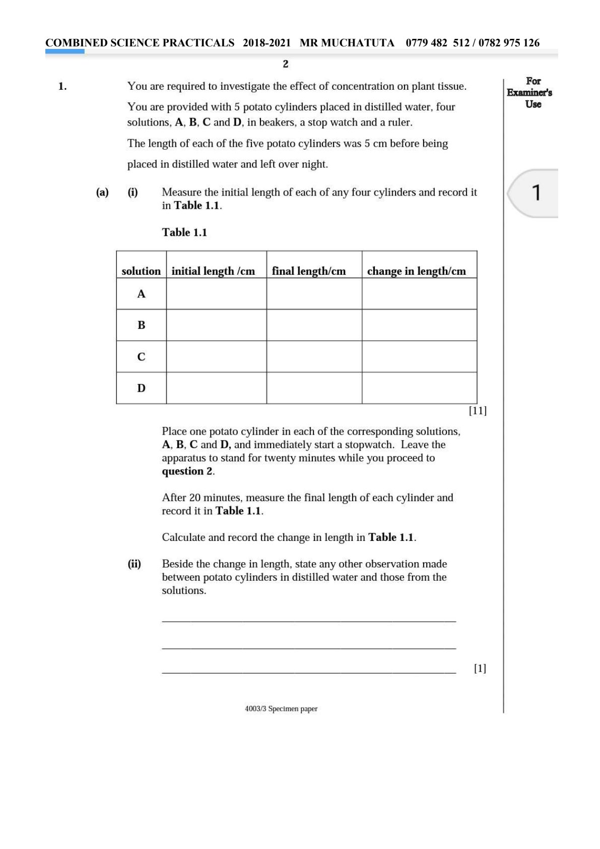 First page of Combined Science Practicals 2018-2021 Question Paper