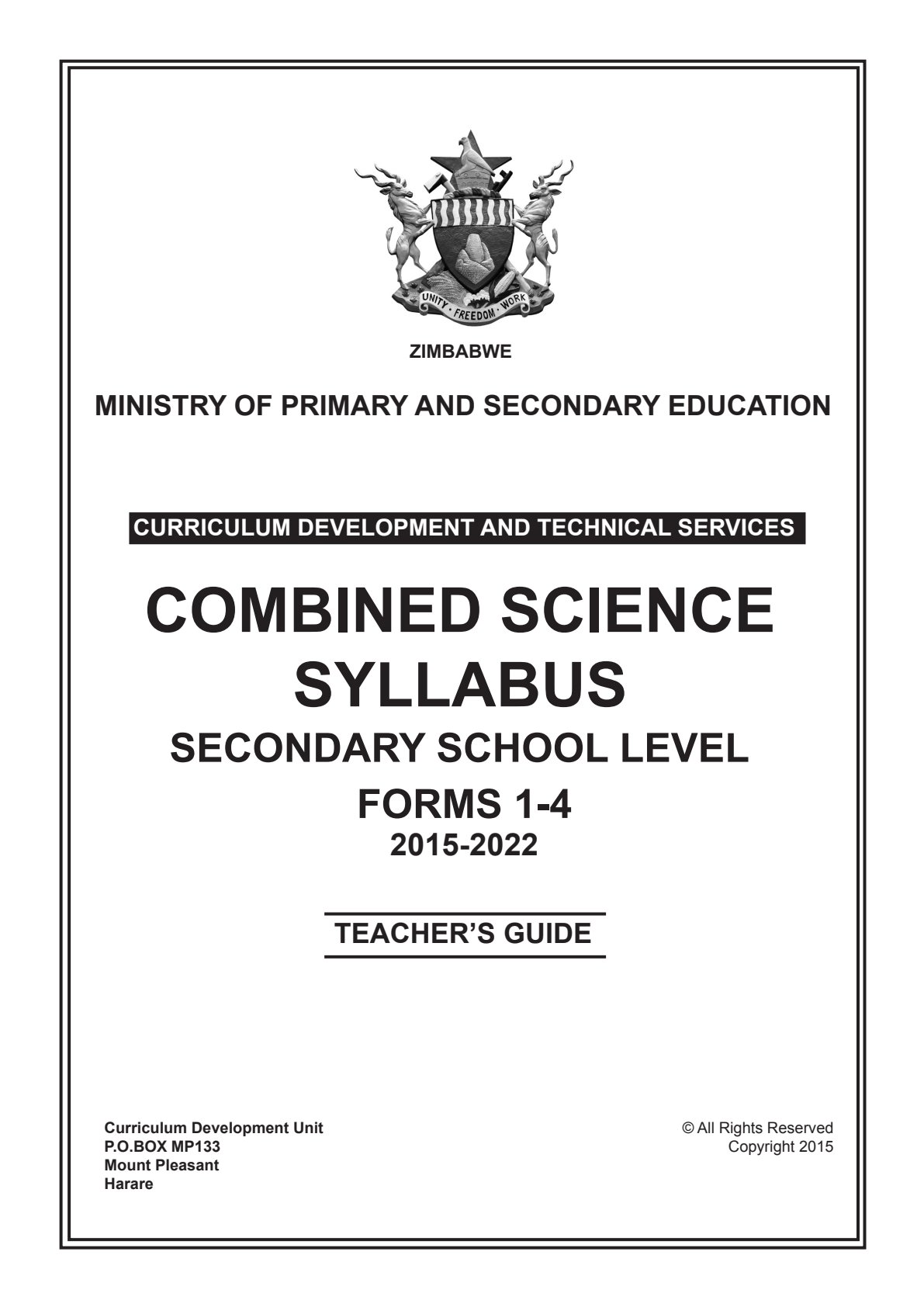 First page of Combined Science Syllabus (Forms 1-4) Teacher's Guide
