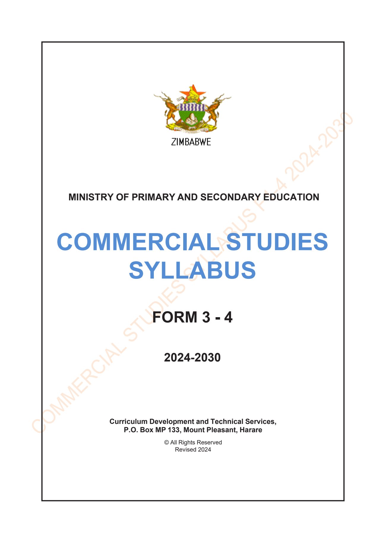First page of Commercial Studies Syllabus Form 3-4 2024-2030