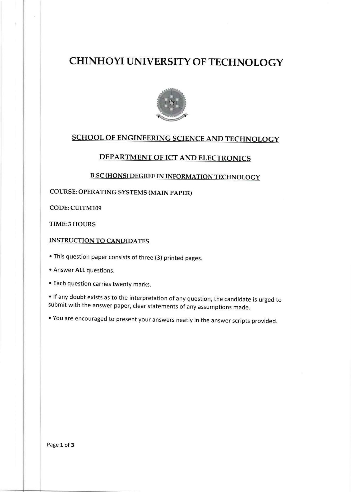 First page of CUITM109 Operating Systems 2024 Question Paper